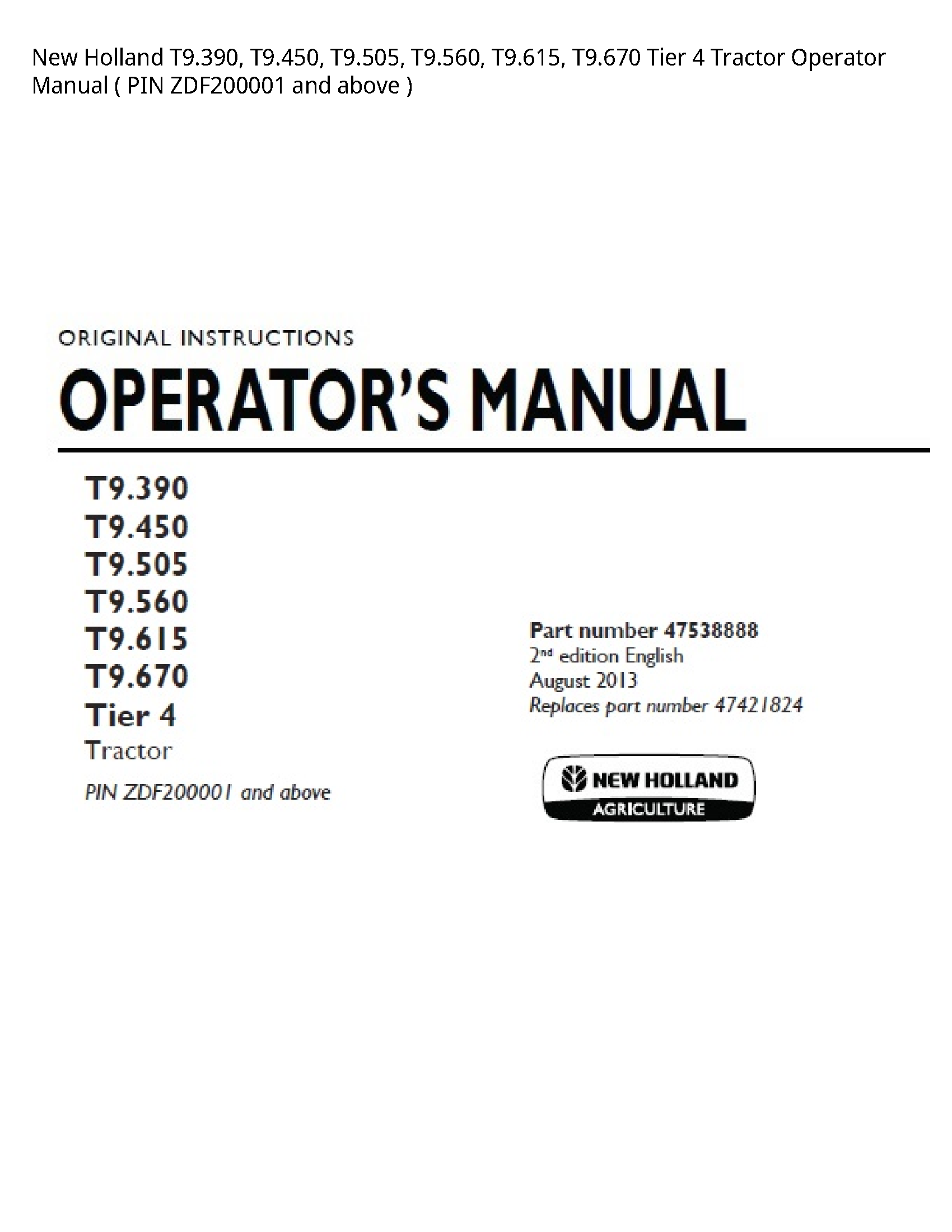 New Holland T9.390 Tier Tractor Operator manual
