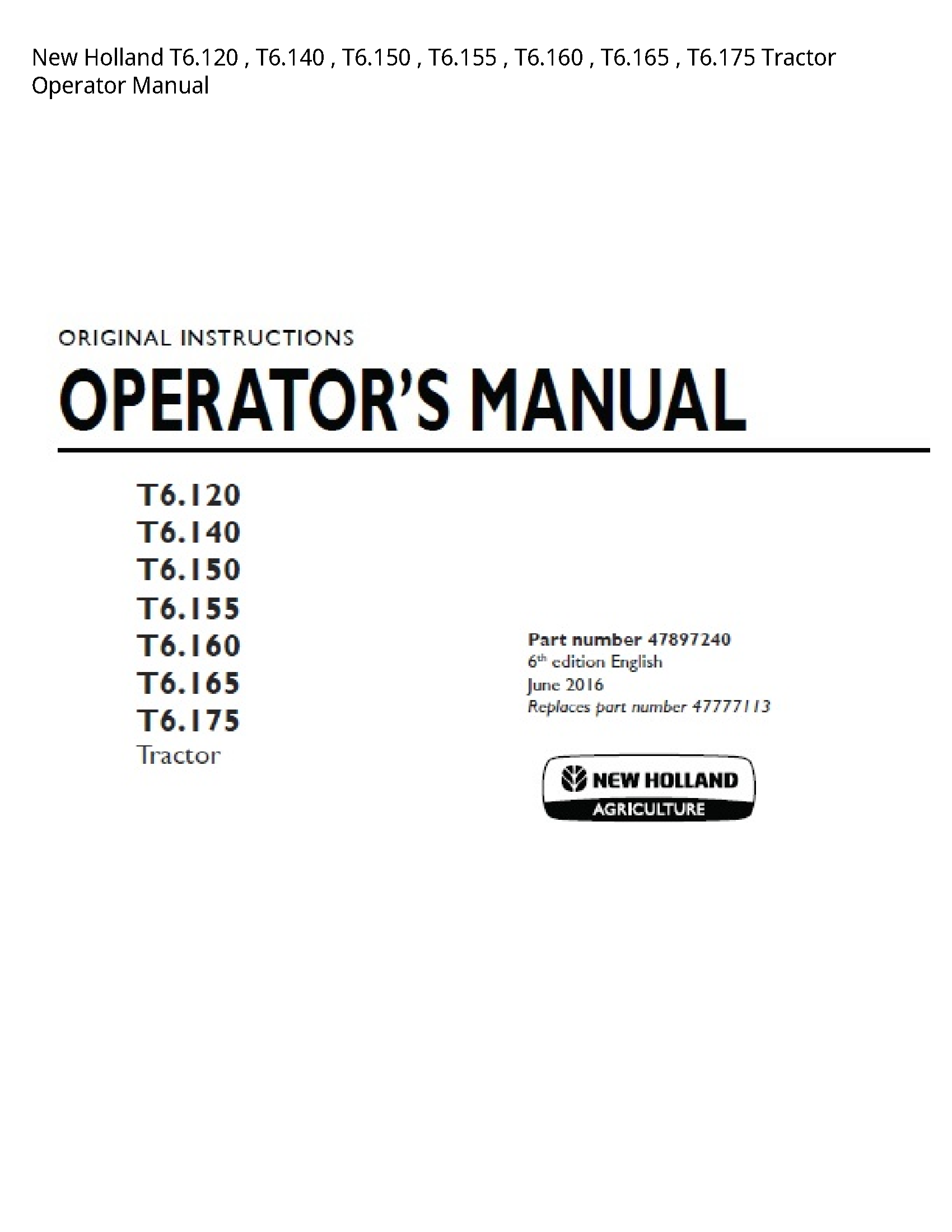 New Holland T6.120 Tractor Operator manual