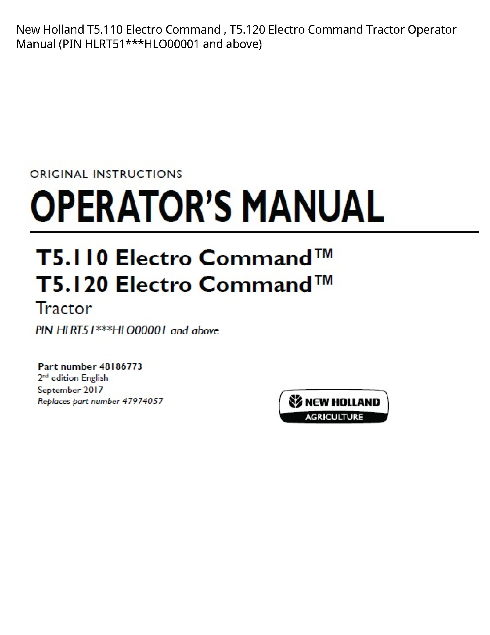 New Holland T5.110 Electro Command Electro Command Tractor Operator manual
