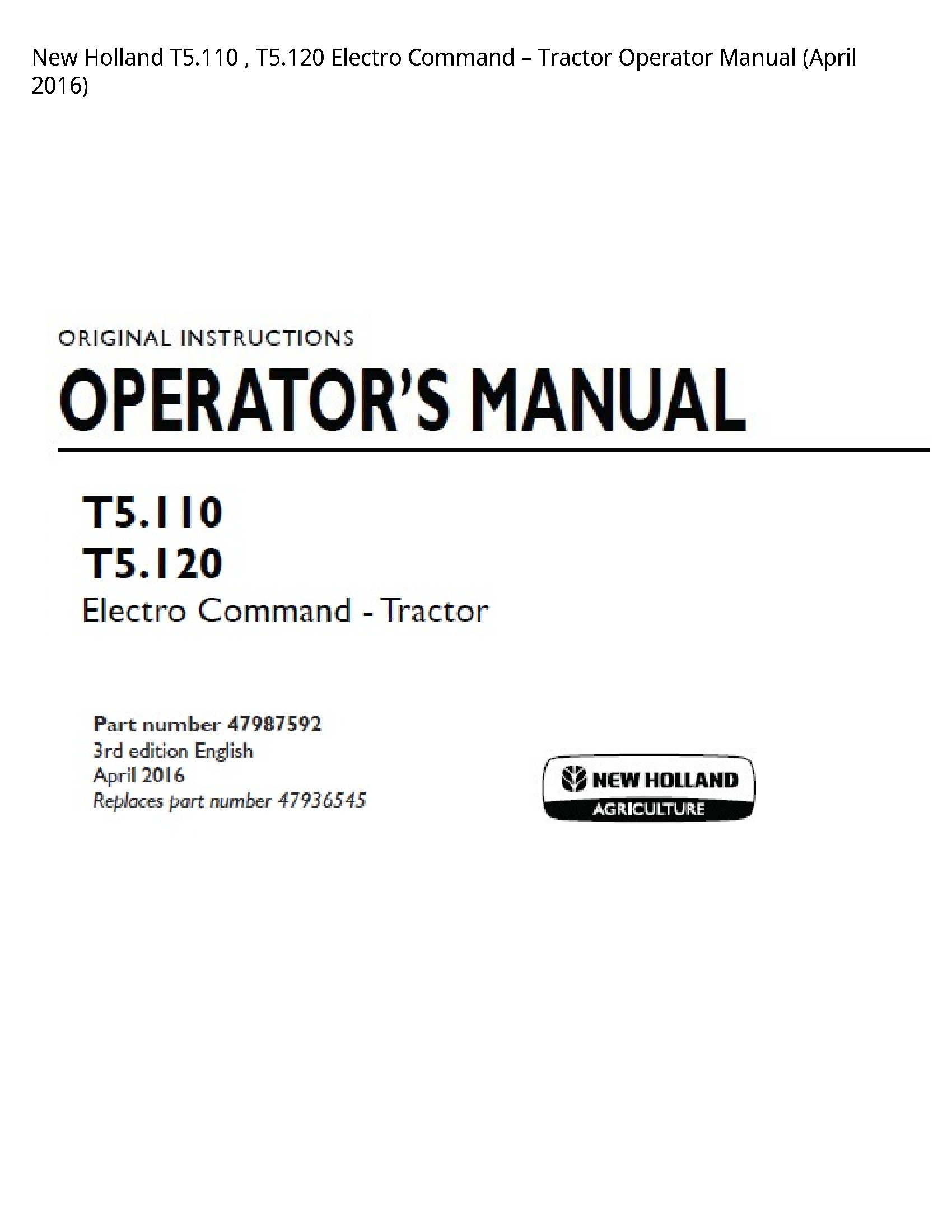 New Holland T5.110 Electro Command Tractor Operator manual