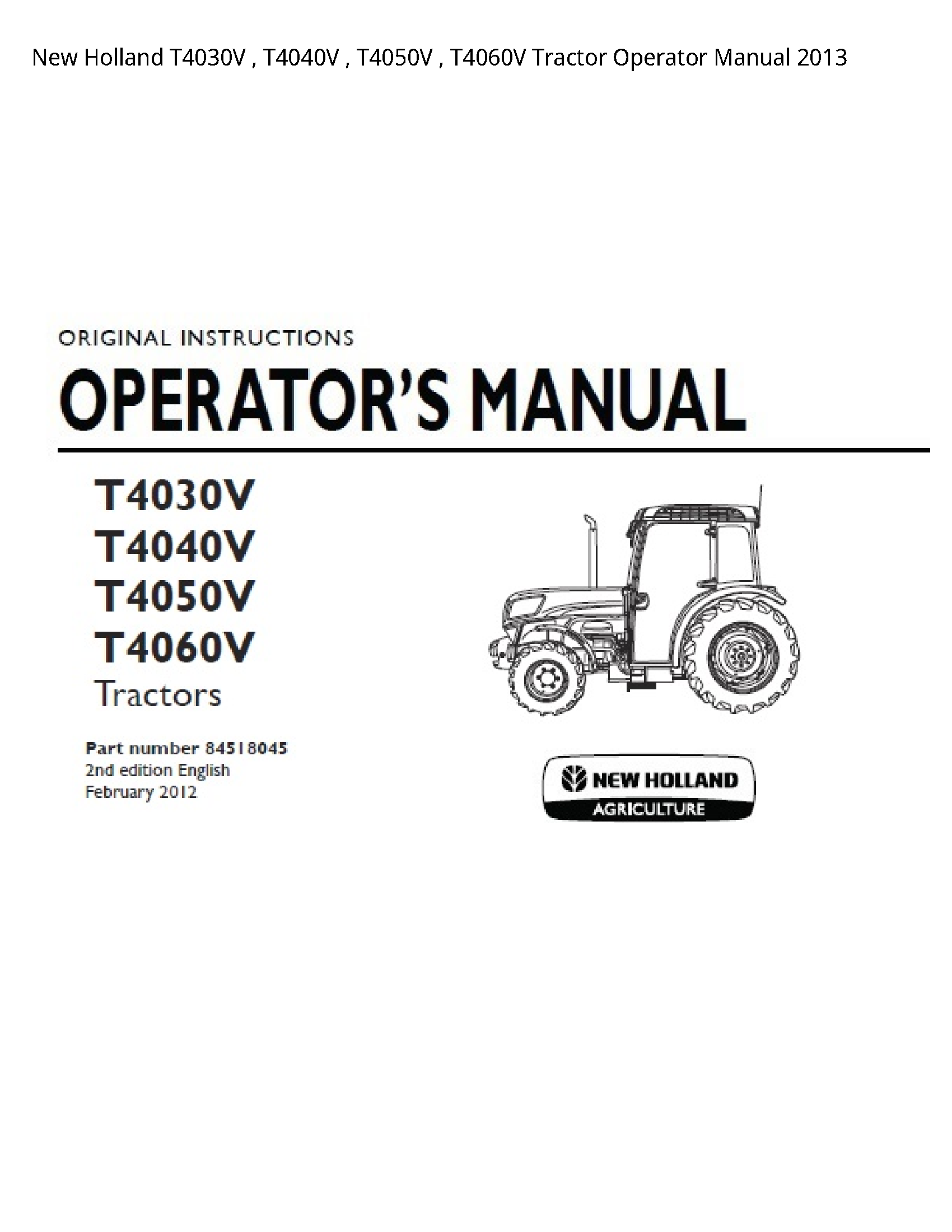 New Holland T4030V Tractor Operator manual