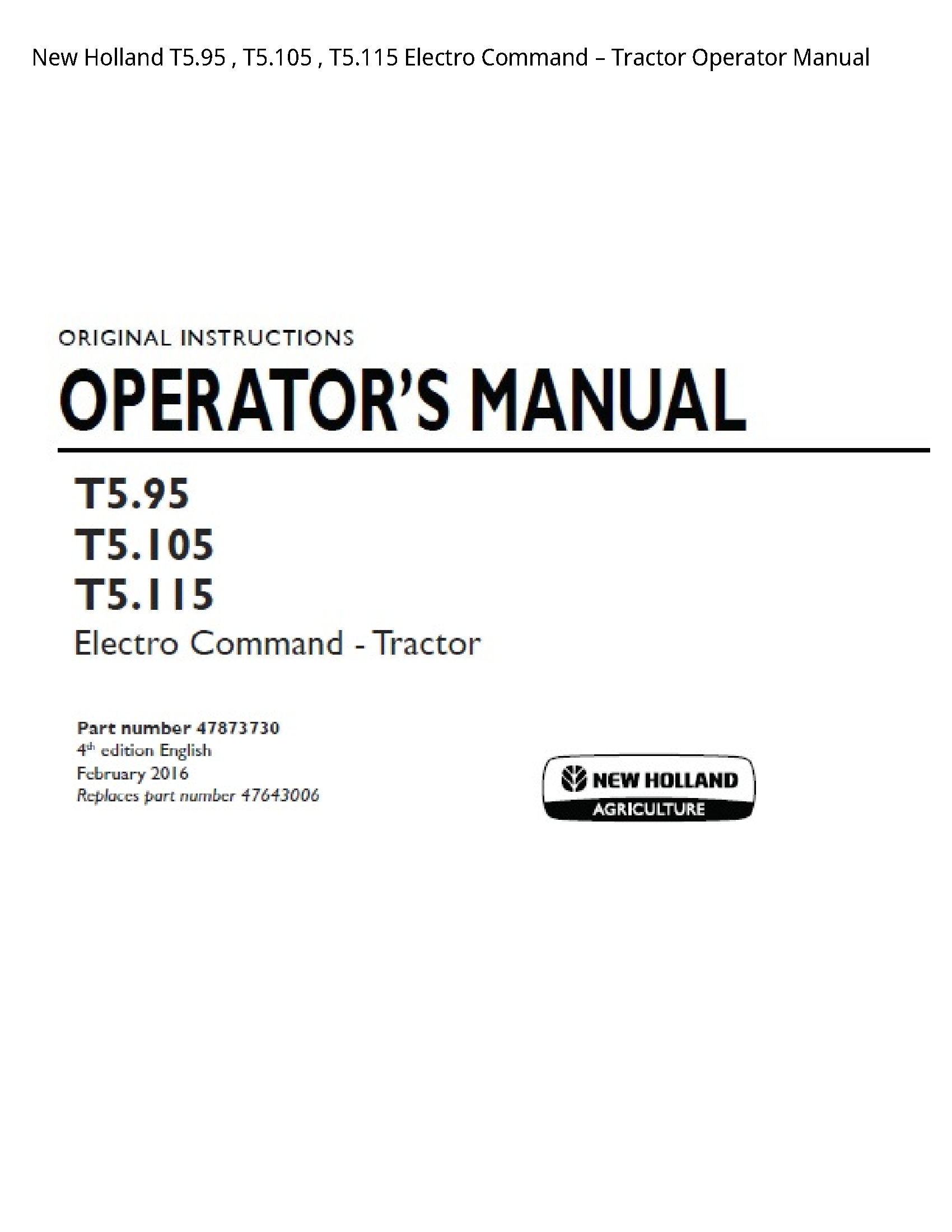 New Holland T5.95 Electro Command Tractor Operator manual