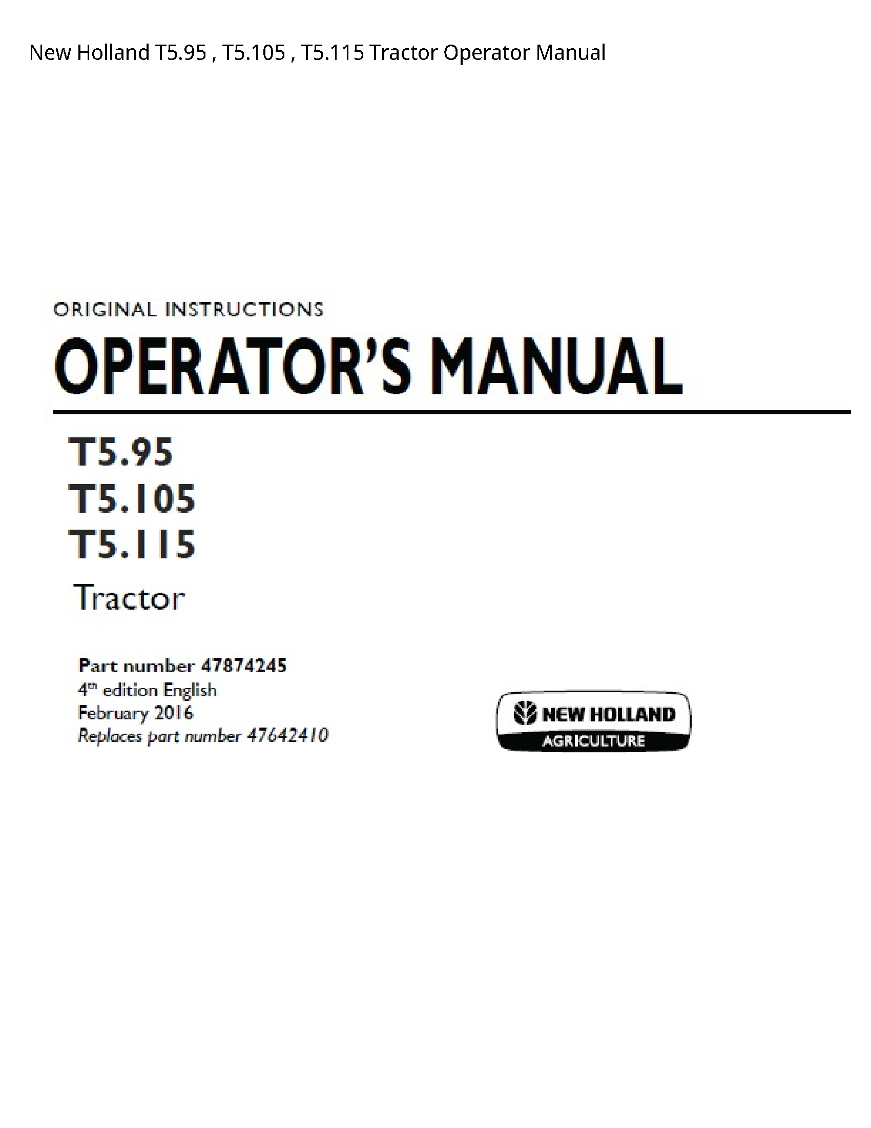 New Holland T5.95 Tractor Operator manual