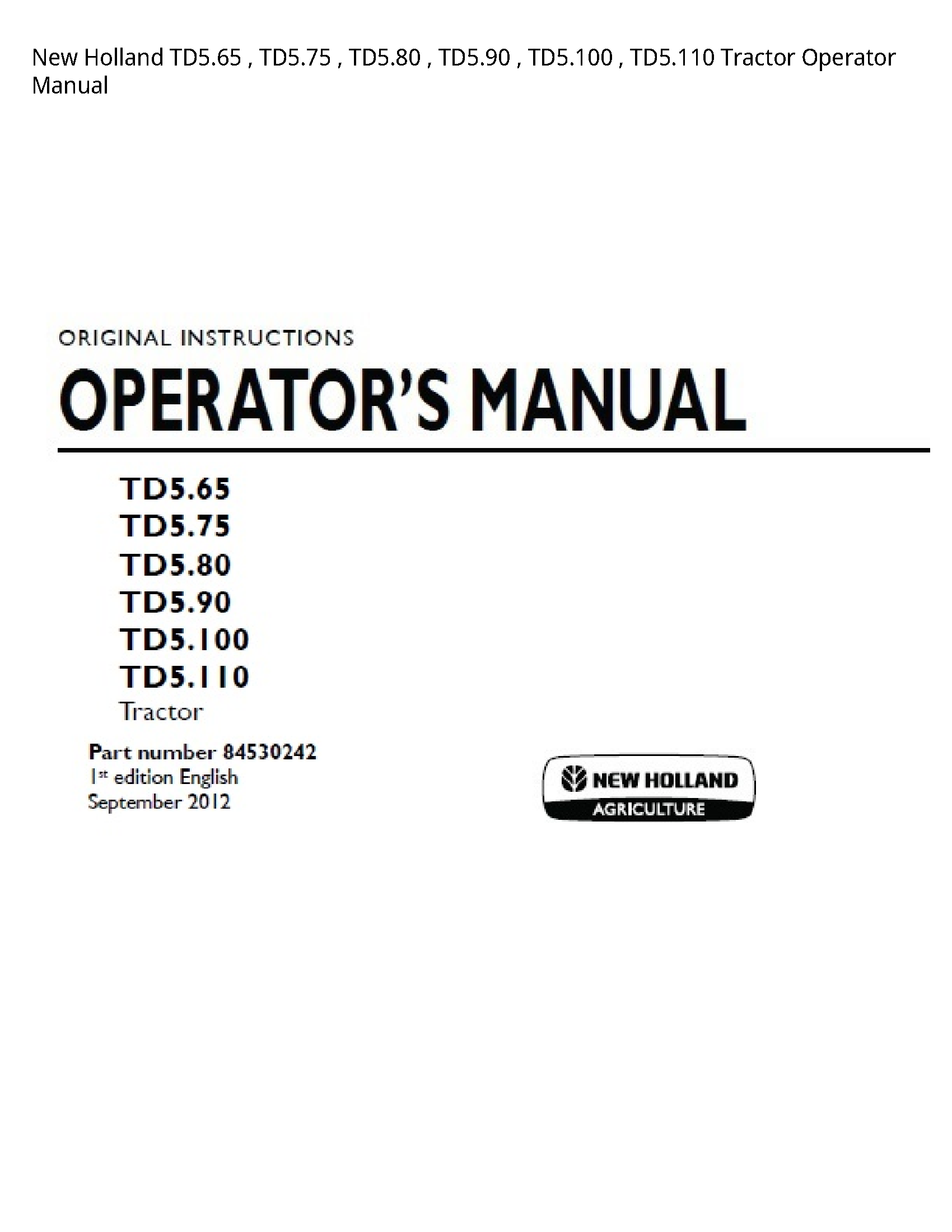 New Holland TD5.65 Tractor Operator manual