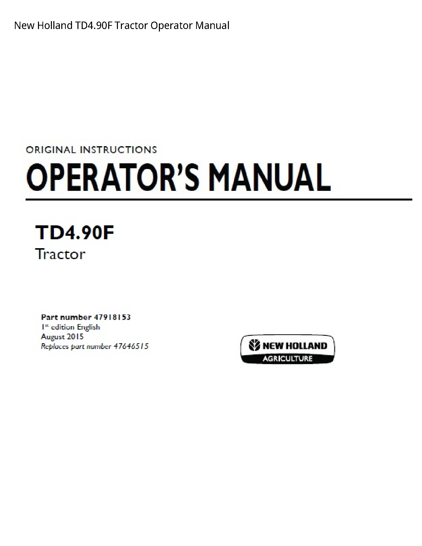 New Holland TD4.90F Tractor Operator manual