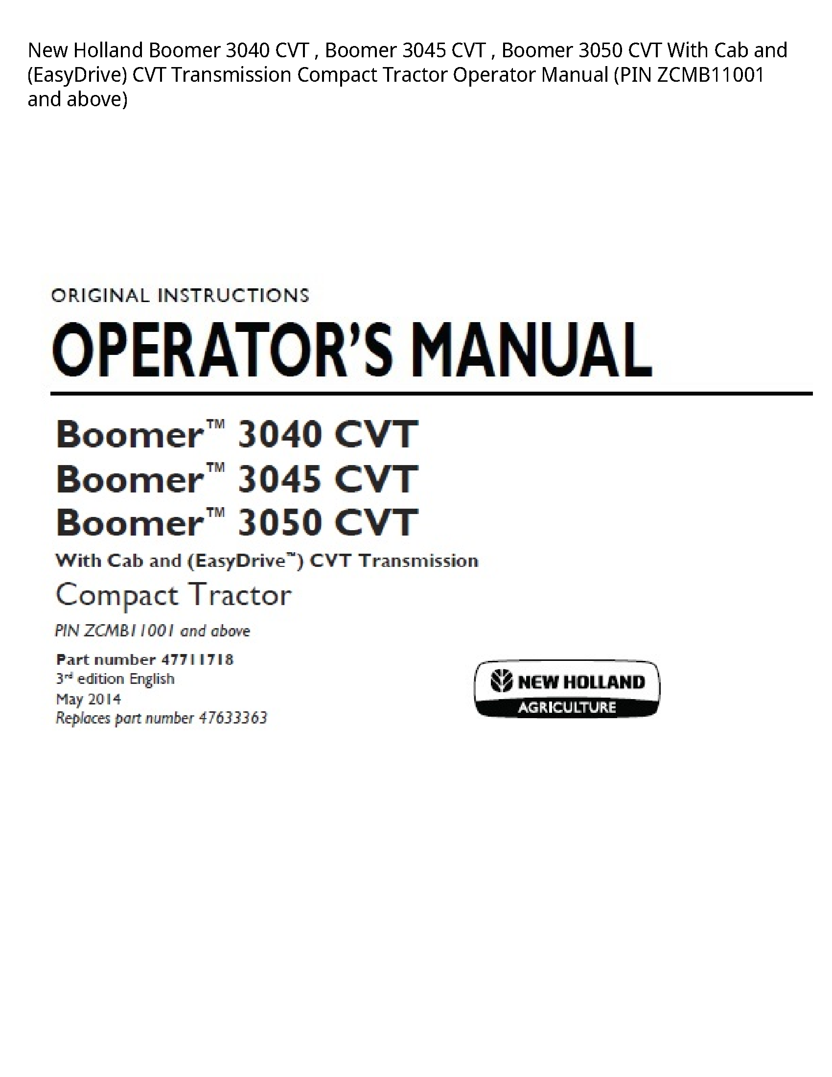 New Holland 3040 Boomer CVT Boomer CVT Boomer CVT With Cab  (EasyDrive) CVT Transmission Compact Tractor Operator manual