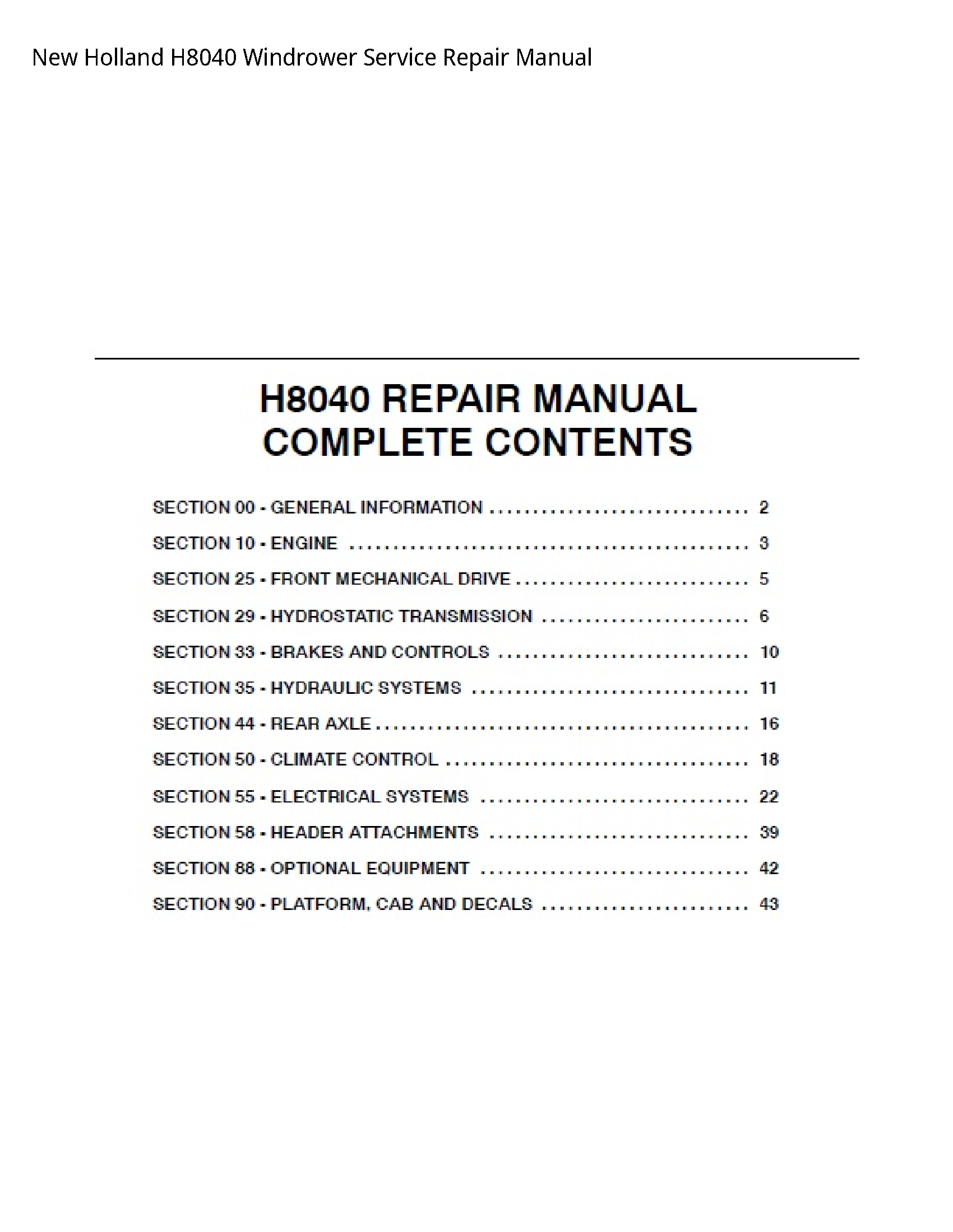 New Holland H8040 Windrower manual
