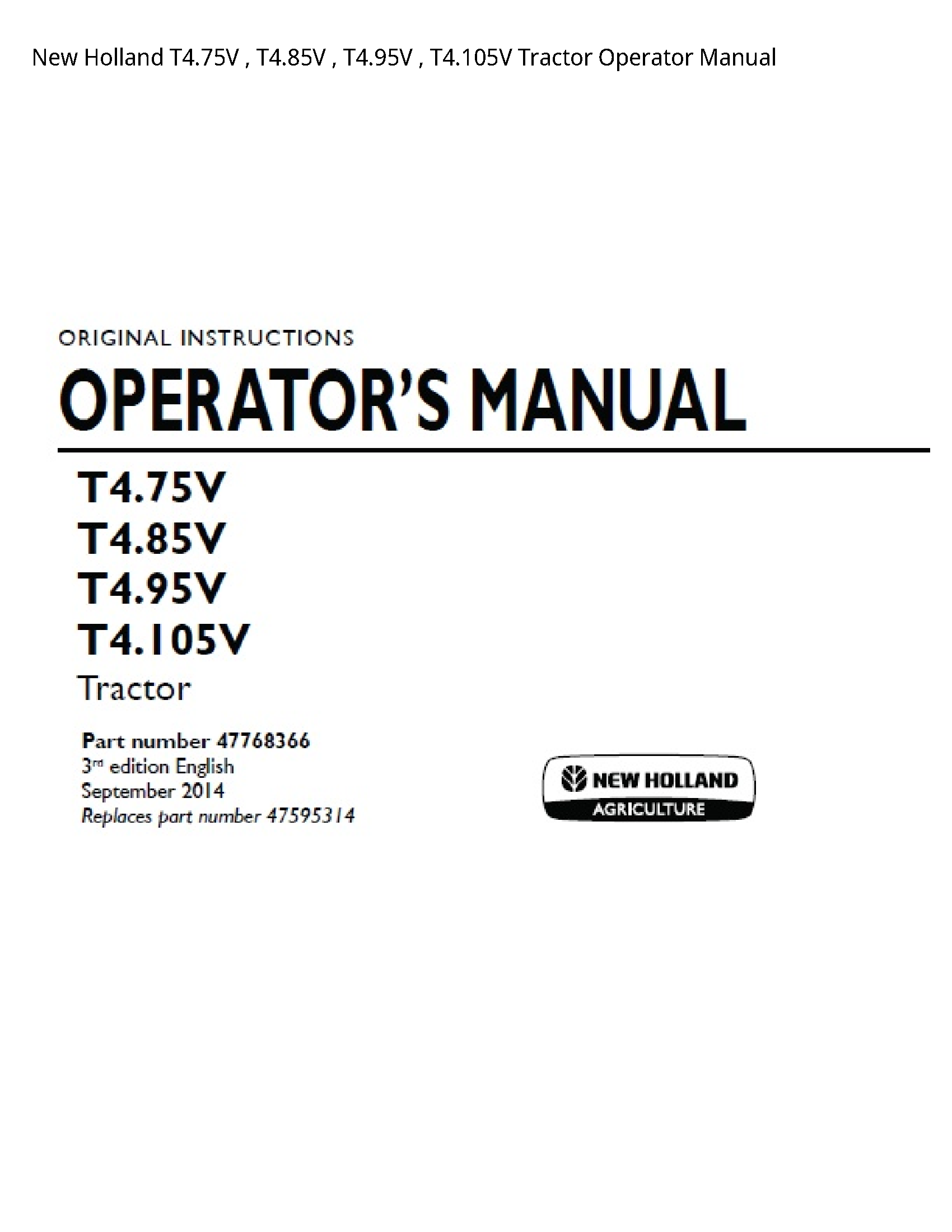 New Holland T4.75V Tractor Operator manual