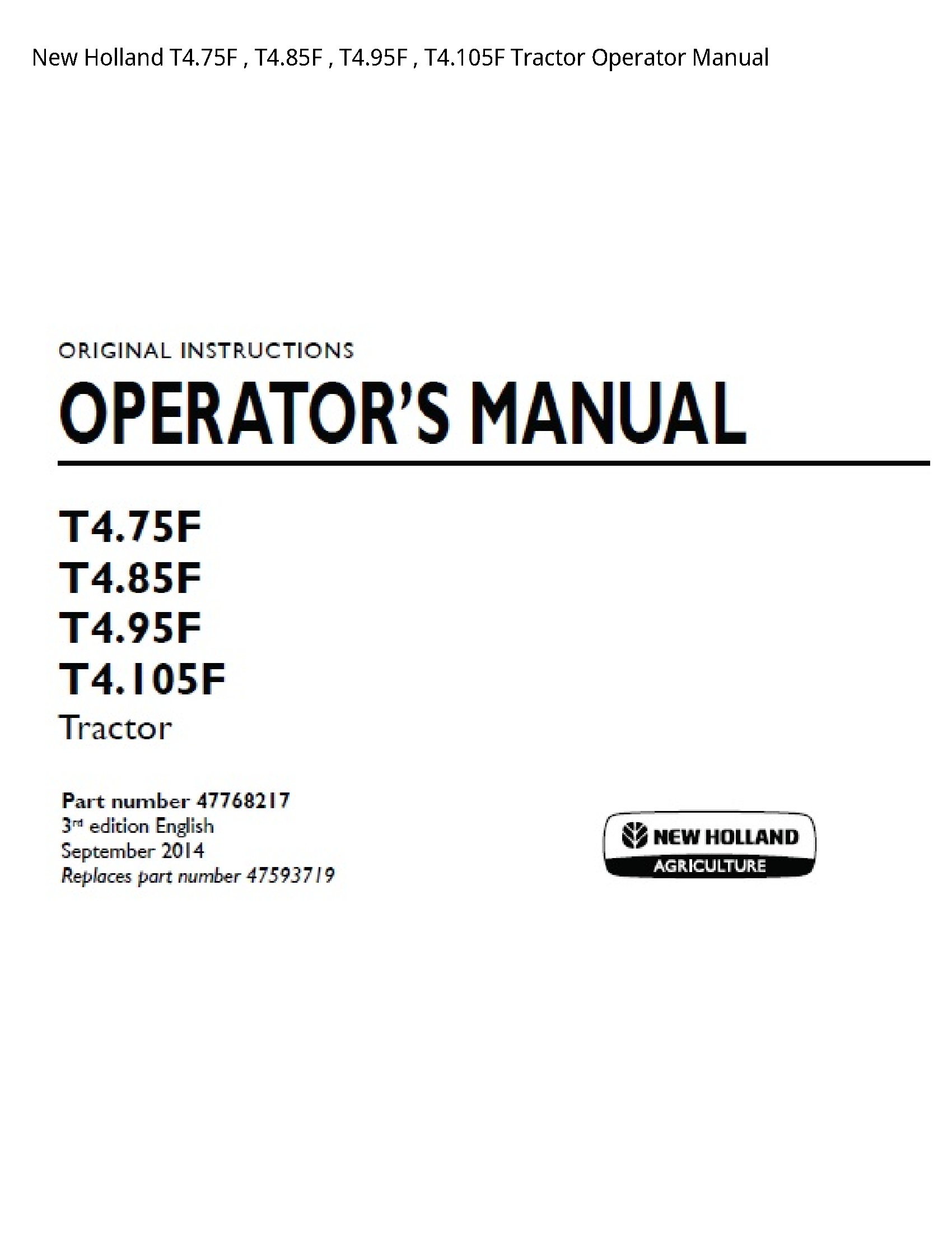 New Holland T4.75F Tractor Operator manual