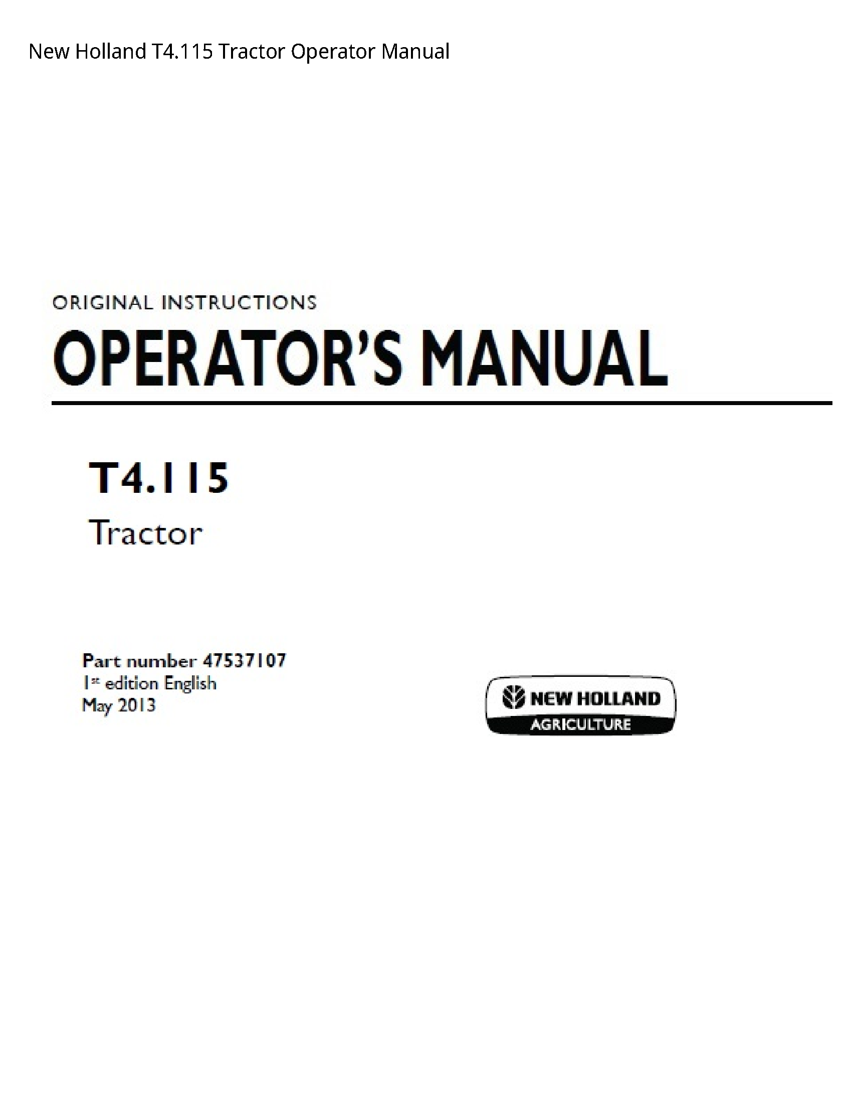New Holland T4.115 Tractor Operator manual