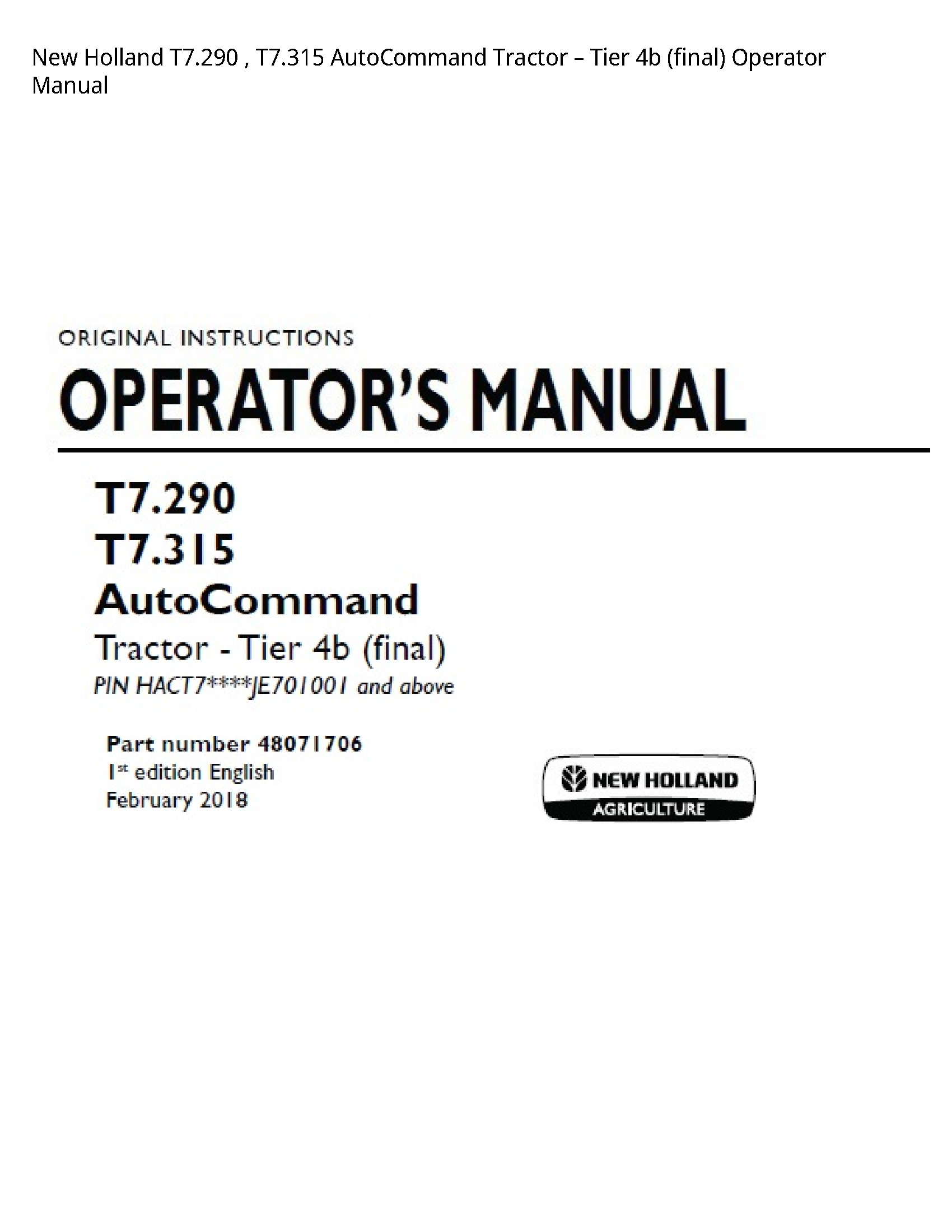 New Holland T7.290 AutoCommand Tractor Tier (final) Operator manual
