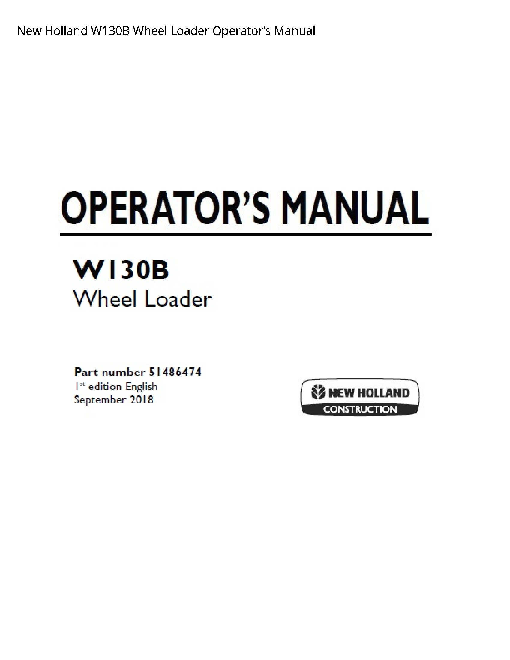 New Holland W130B Wheel Loader Operator’s manual