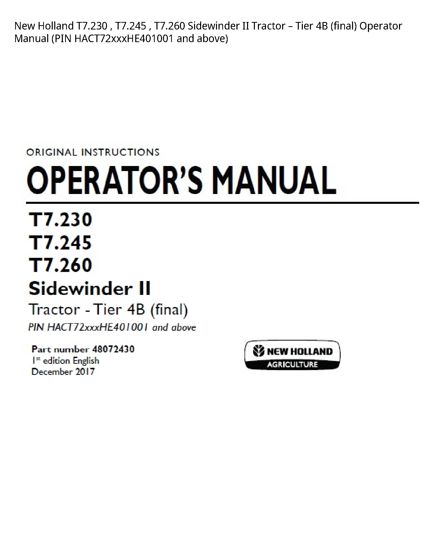 New Holland T7.230 Sidewinder II Tractor Tier (final) Operator manual