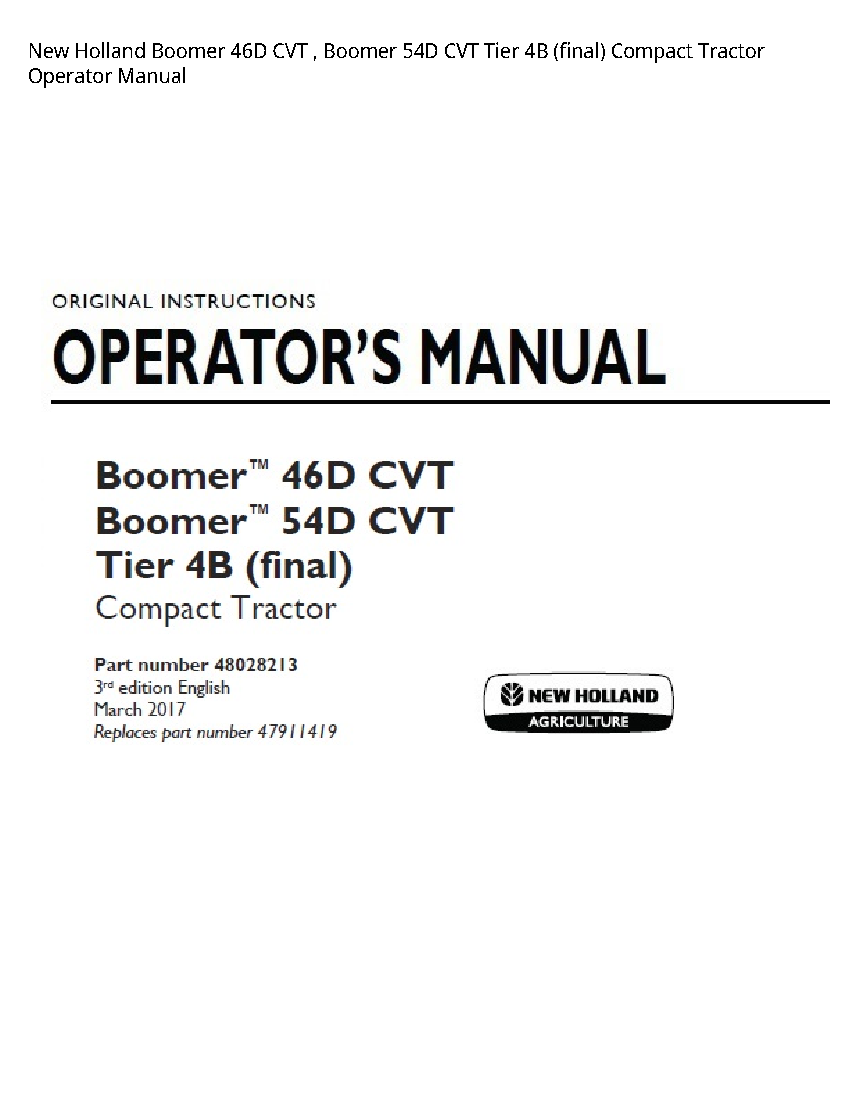 New Holland 46D Boomer CVT Boomer CVT Tier (final) Compact Tractor Operator manual