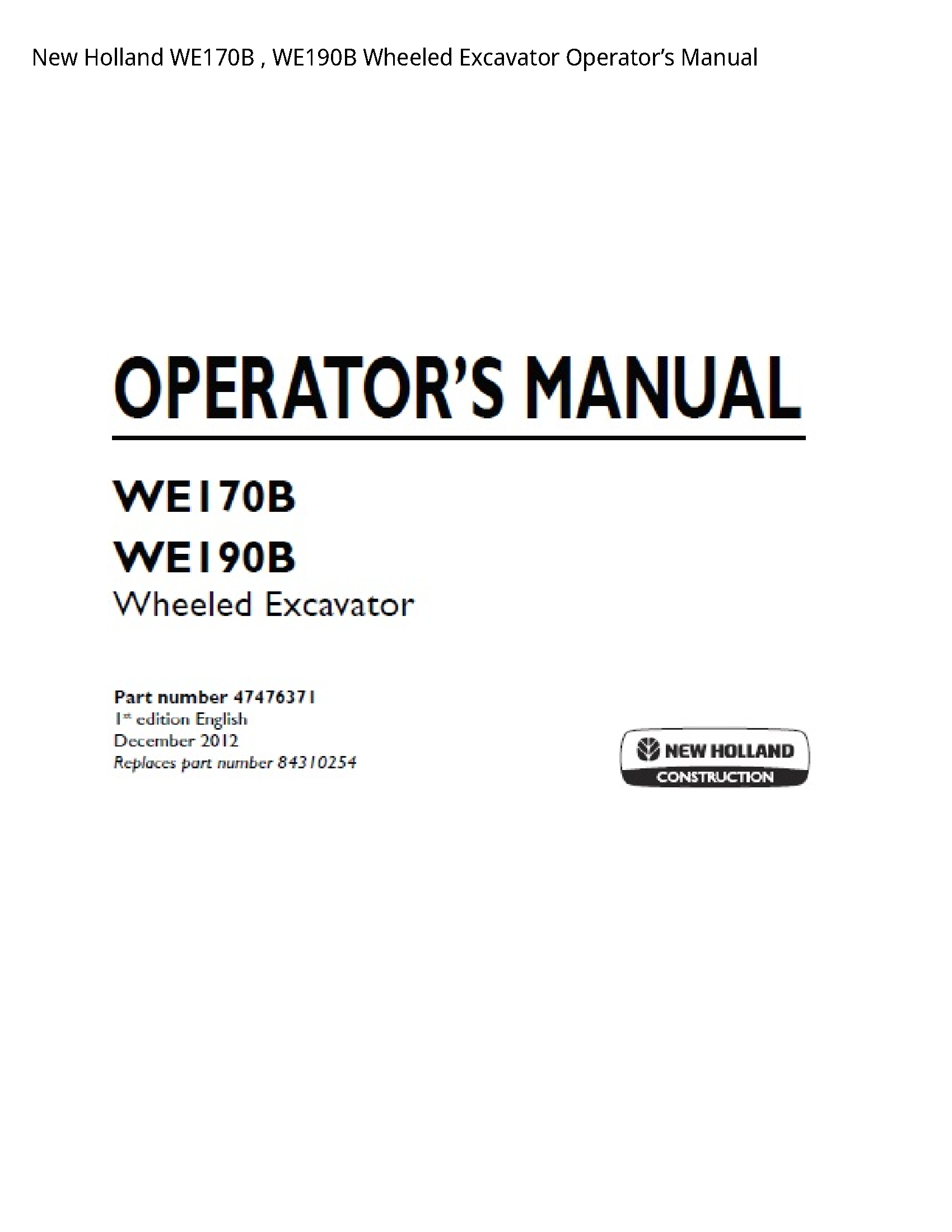 New Holland WE170B Wheeled Excavator Operator’s manual