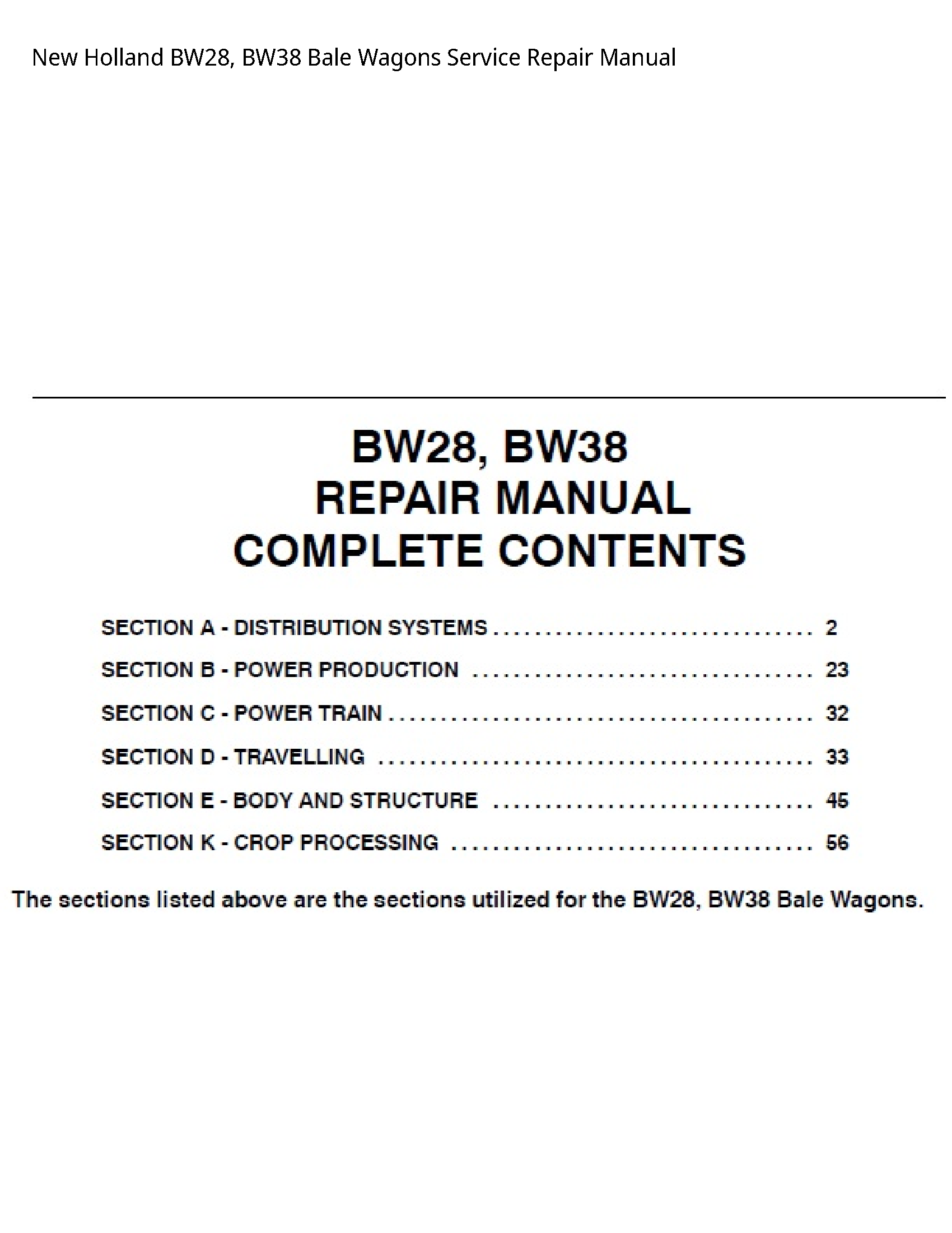 New Holland BW28 Bale Wagons manual