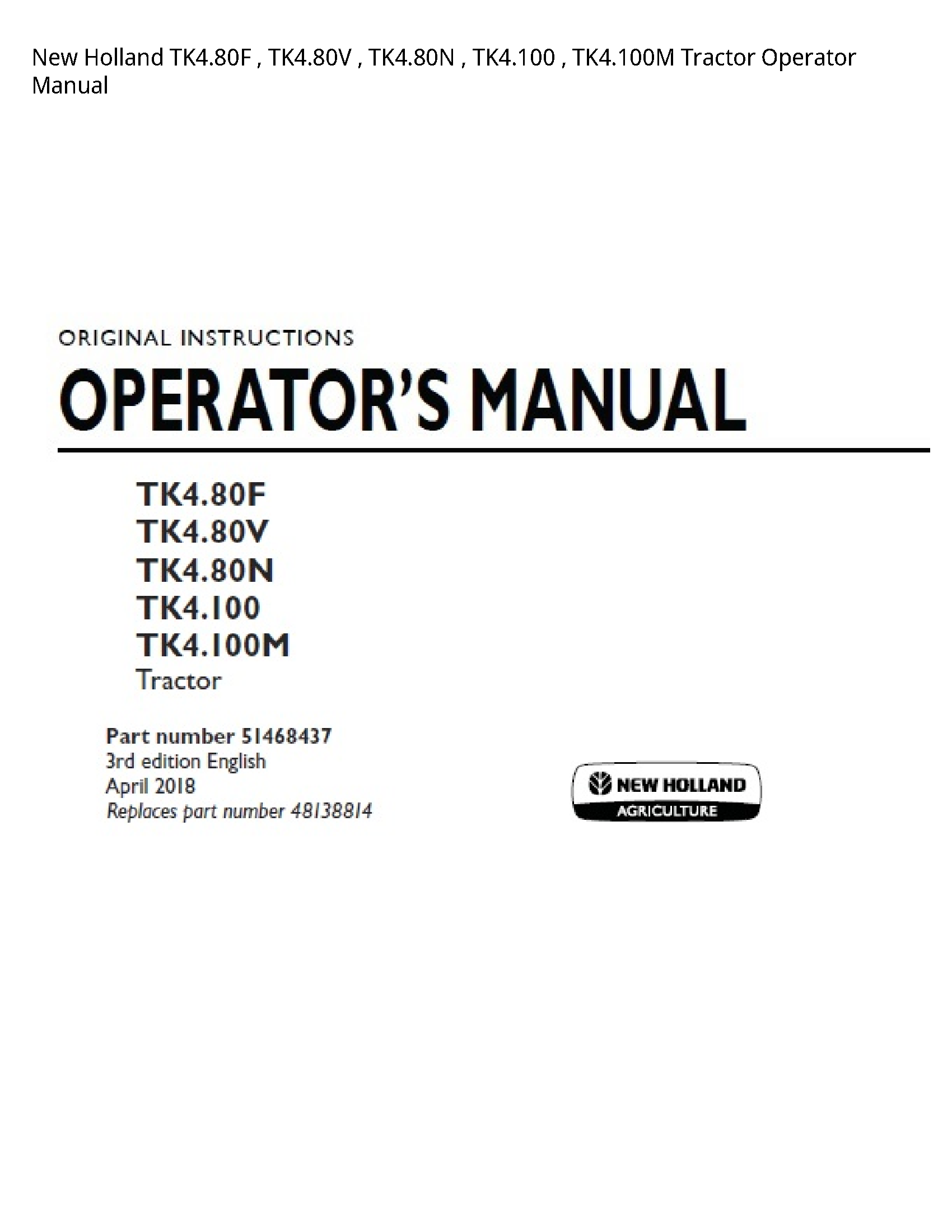 New Holland TK4.80F Tractor Operator manual