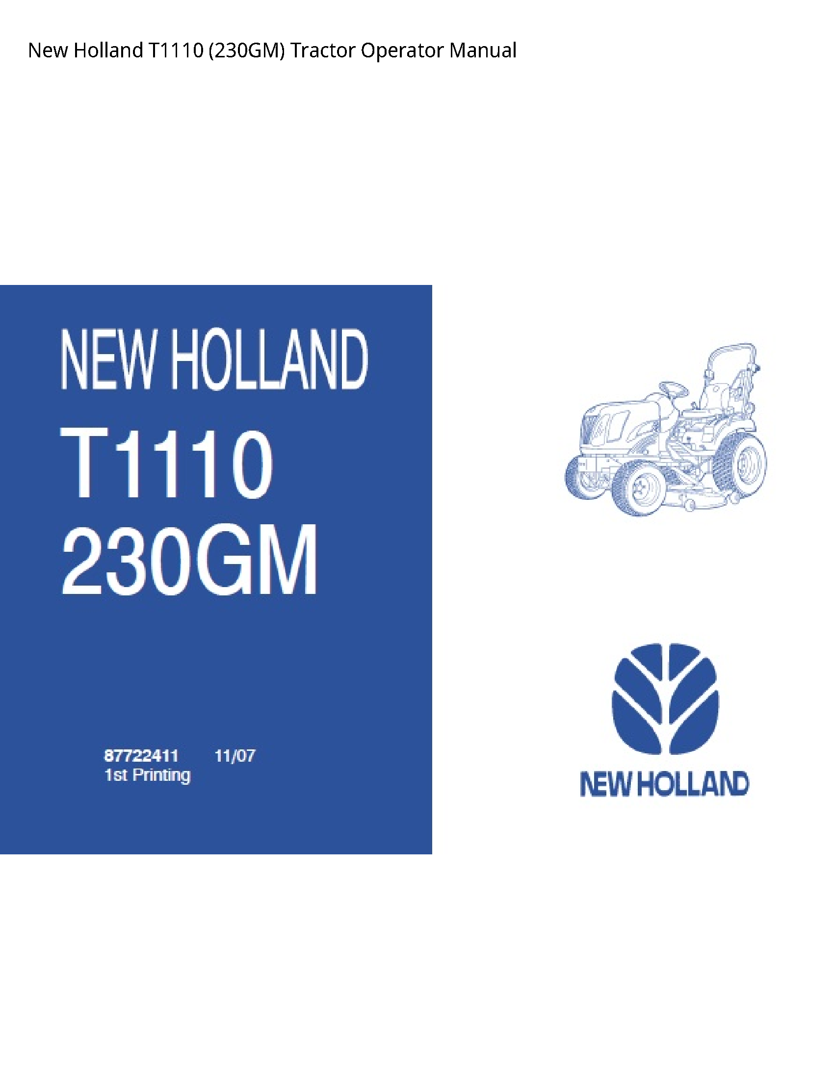 New Holland T1110 Tractor Operator manual