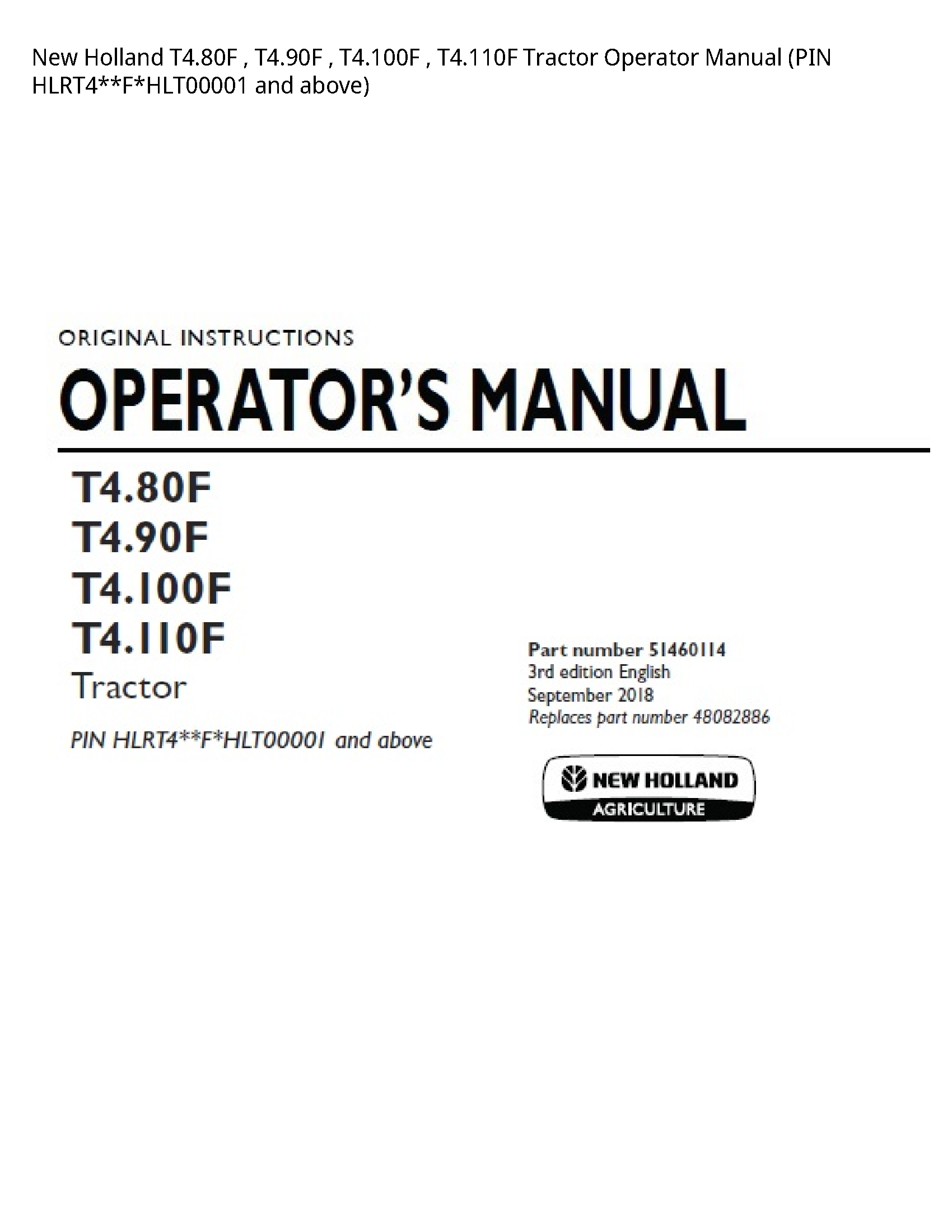 New Holland T4.80F Tractor Operator manual