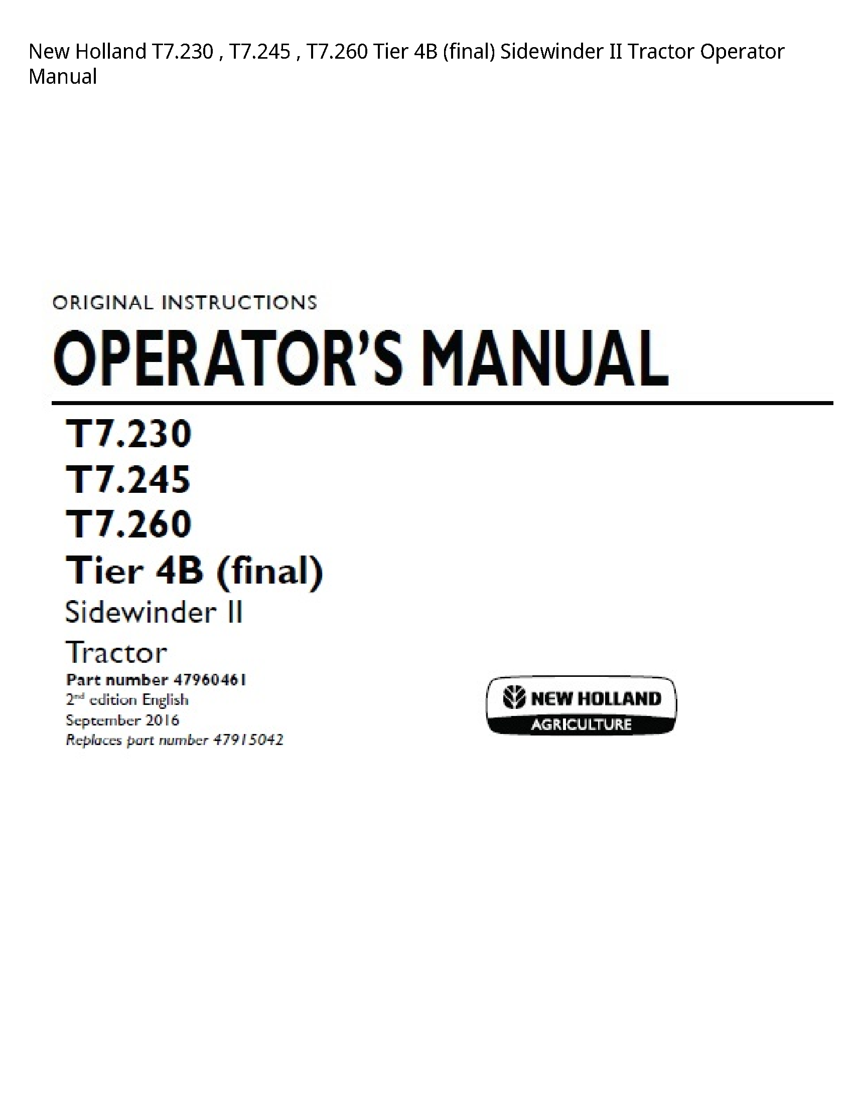 New Holland T7.230 Tier (final) Sidewinder II Tractor Operator manual