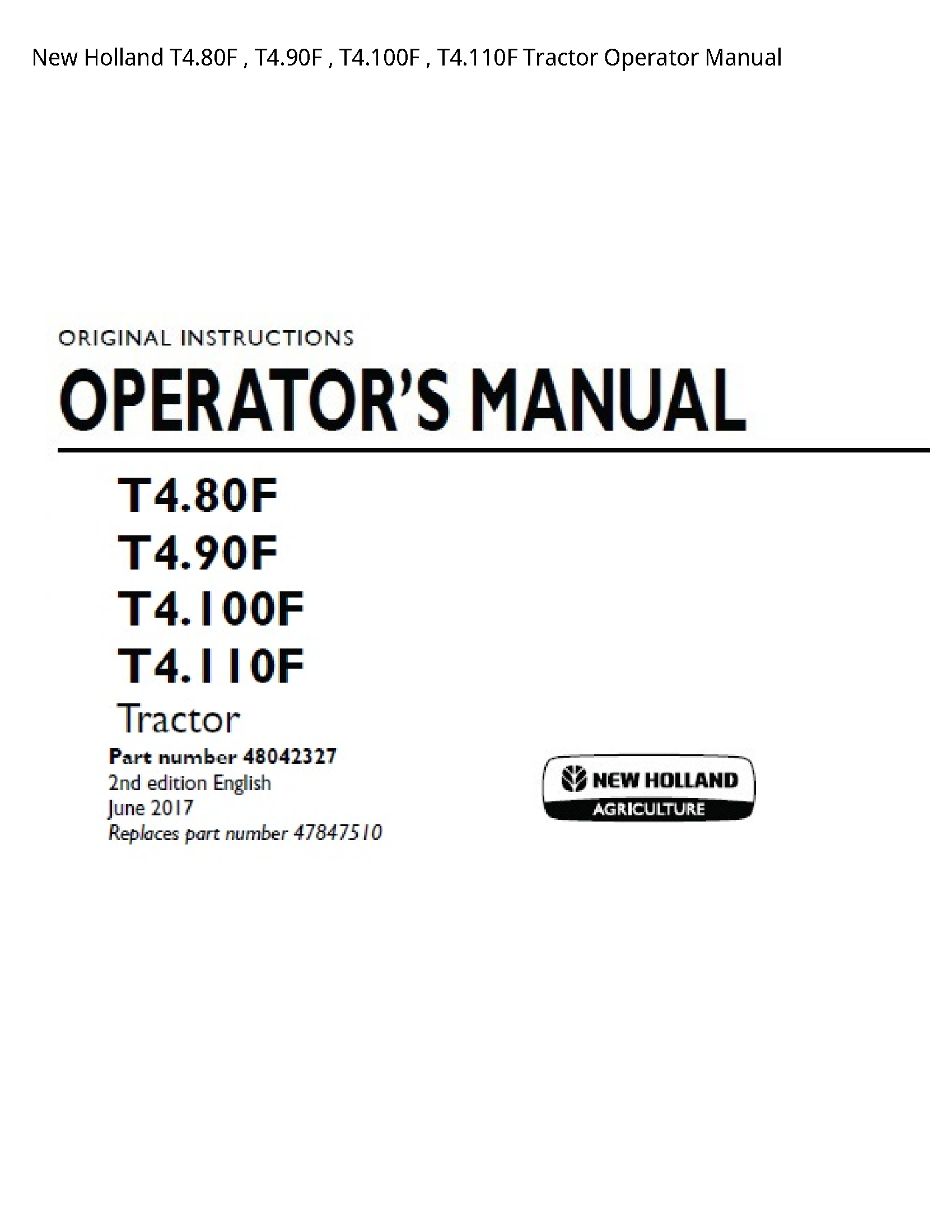 New Holland T4.80F Tractor Operator manual