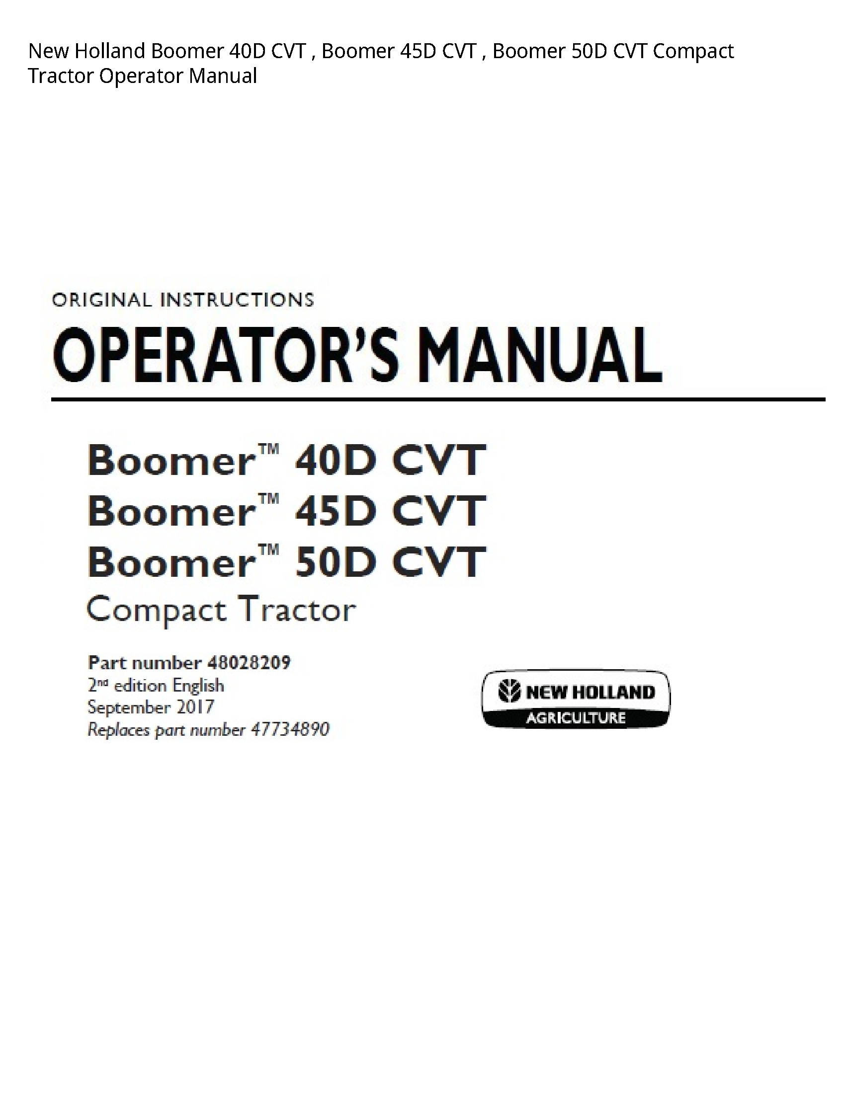New Holland 40D Boomer CVT Boomer CVT Boomer CVT Compact Tractor Operator manual
