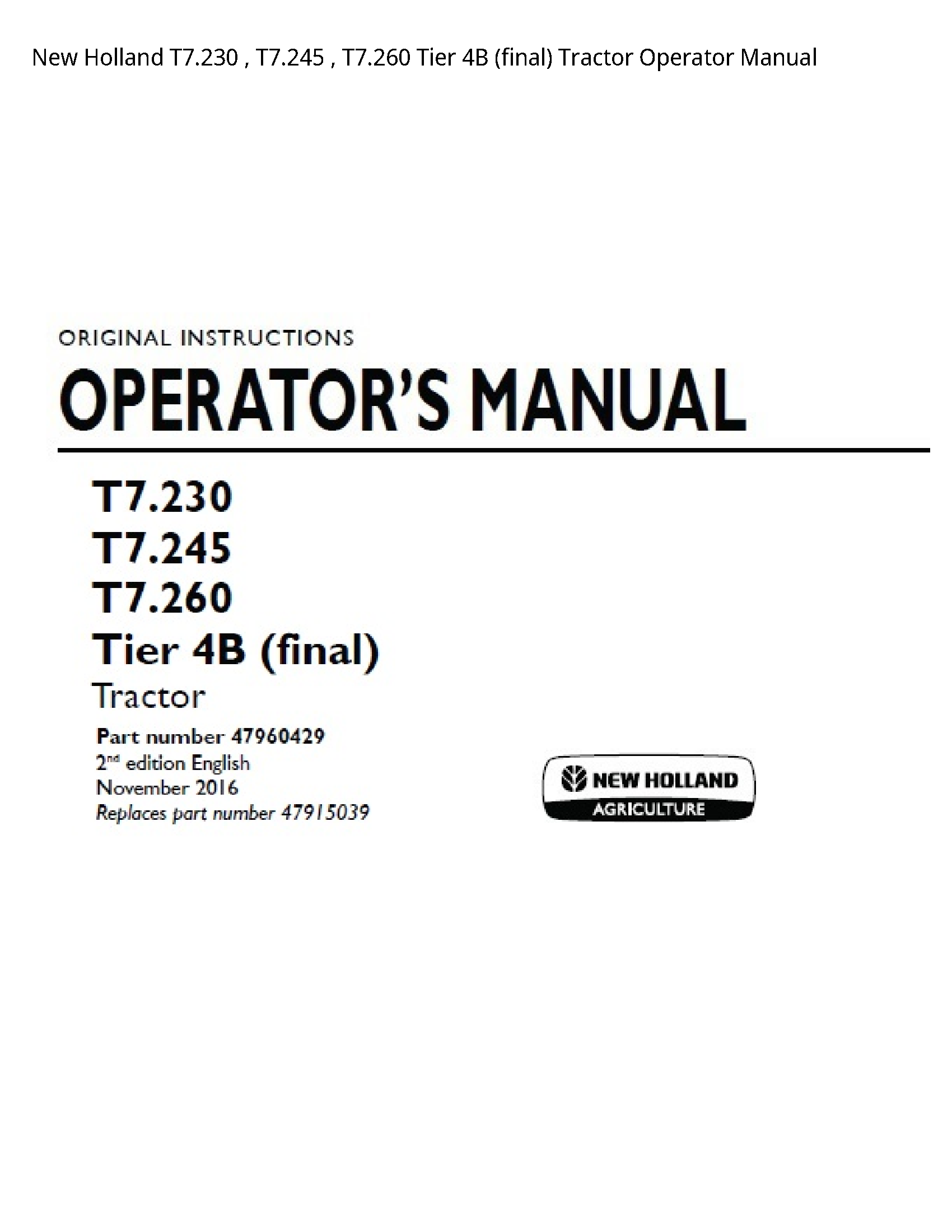 New Holland T7.230 Tier (final) Tractor Operator manual