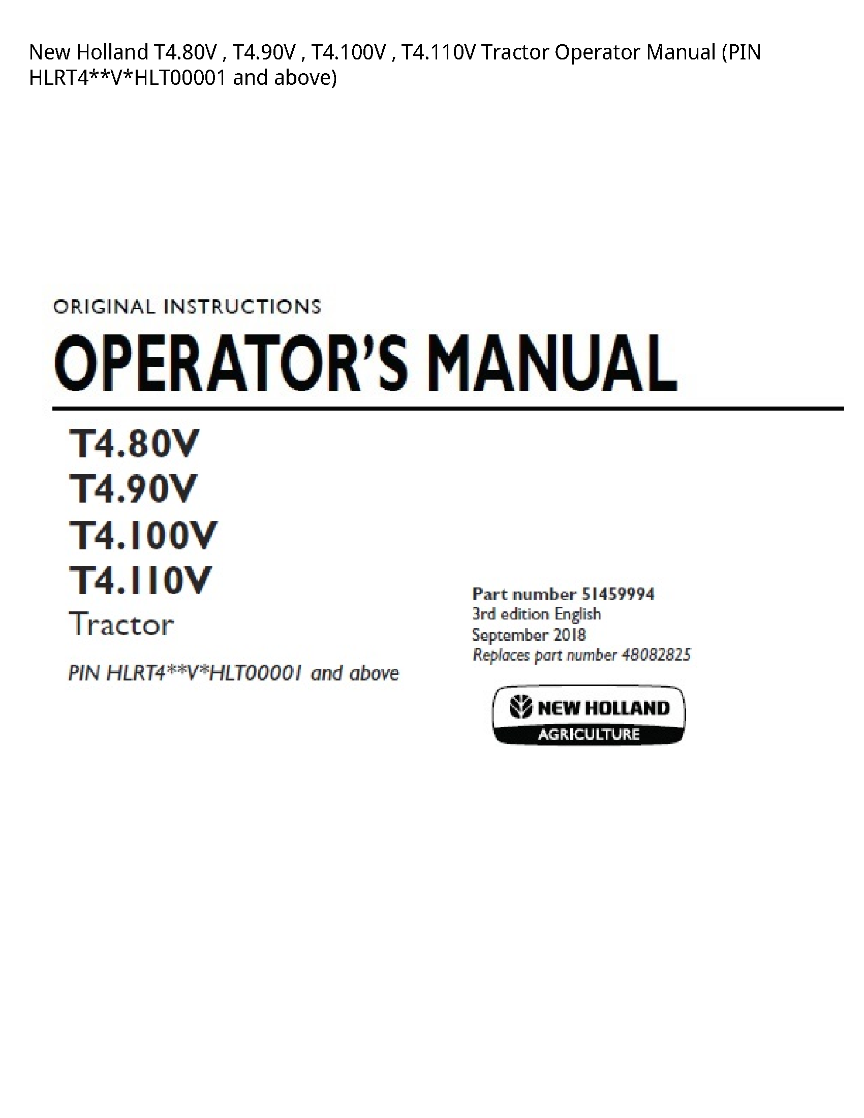 New Holland T4.80V Tractor Operator manual