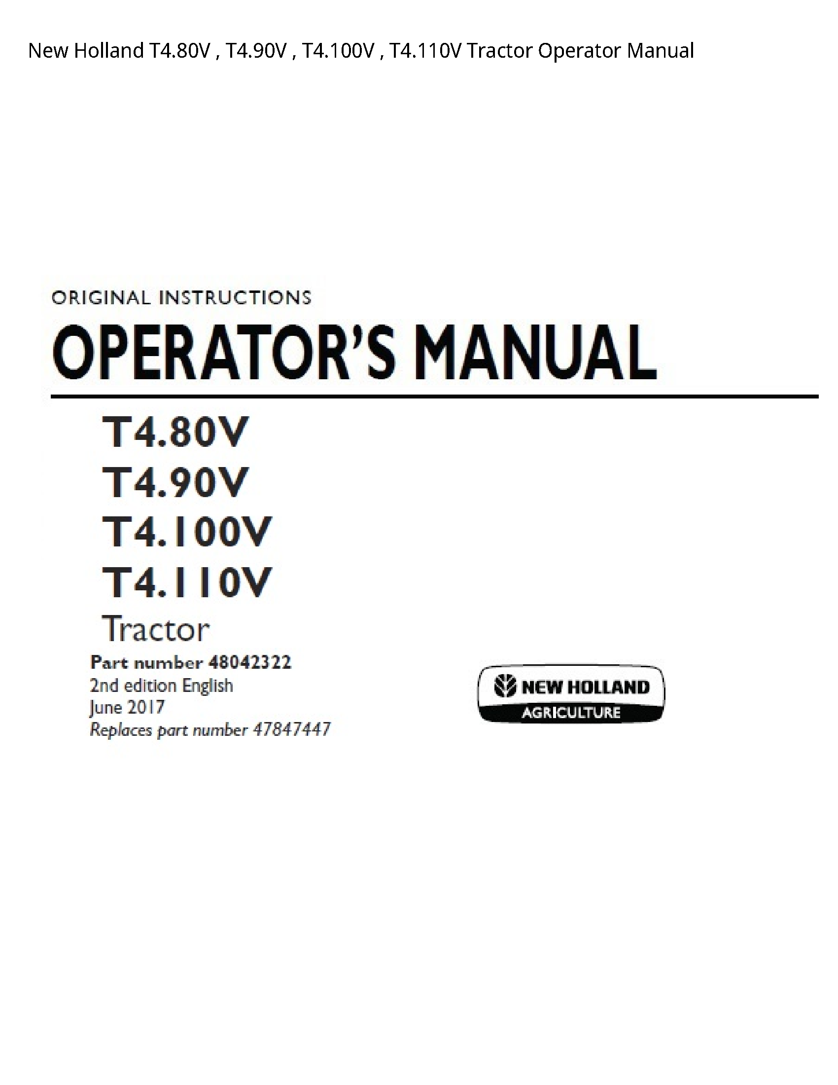 New Holland T4.80V Tractor Operator manual