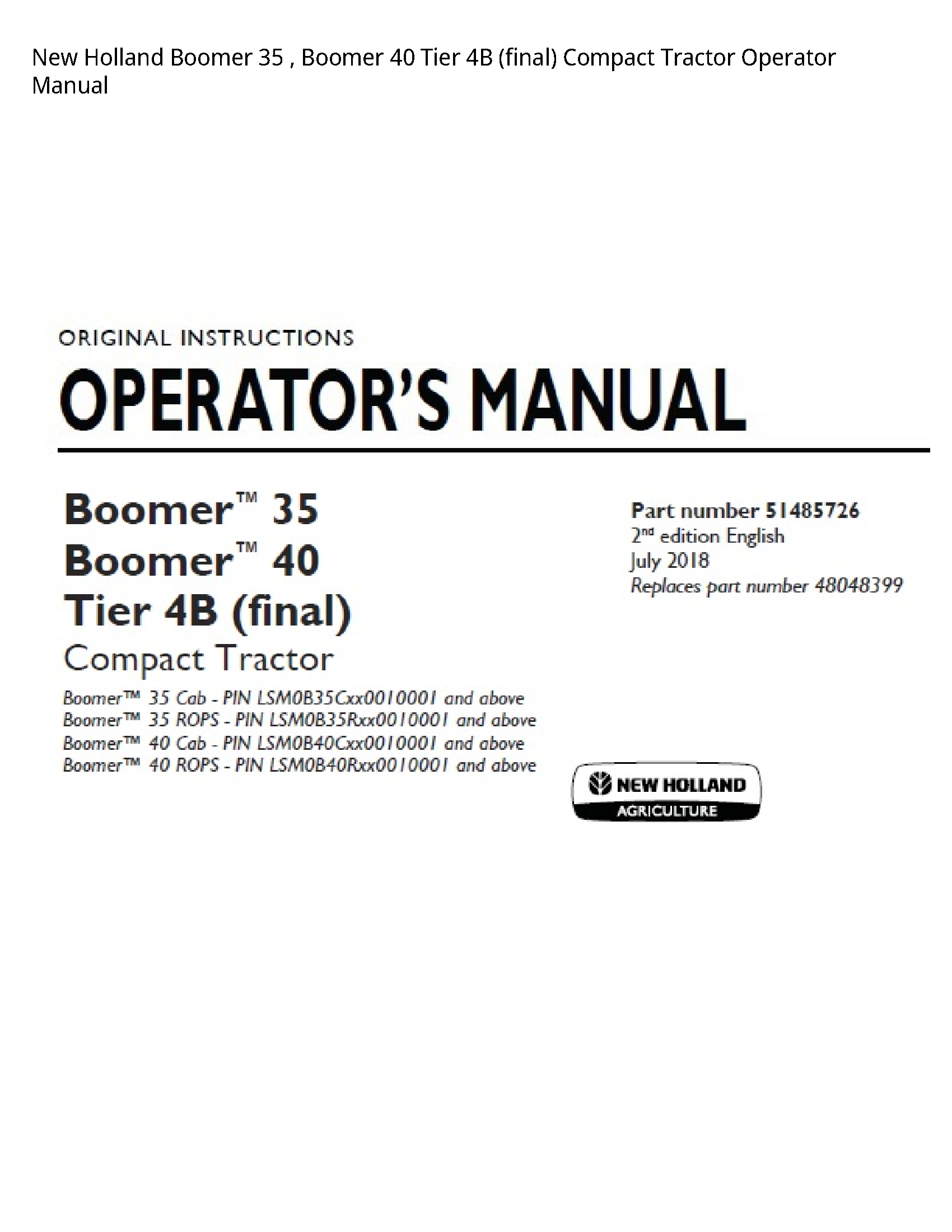 New Holland 35 Boomer Boomer Tier (final) Compact Tractor Operator manual