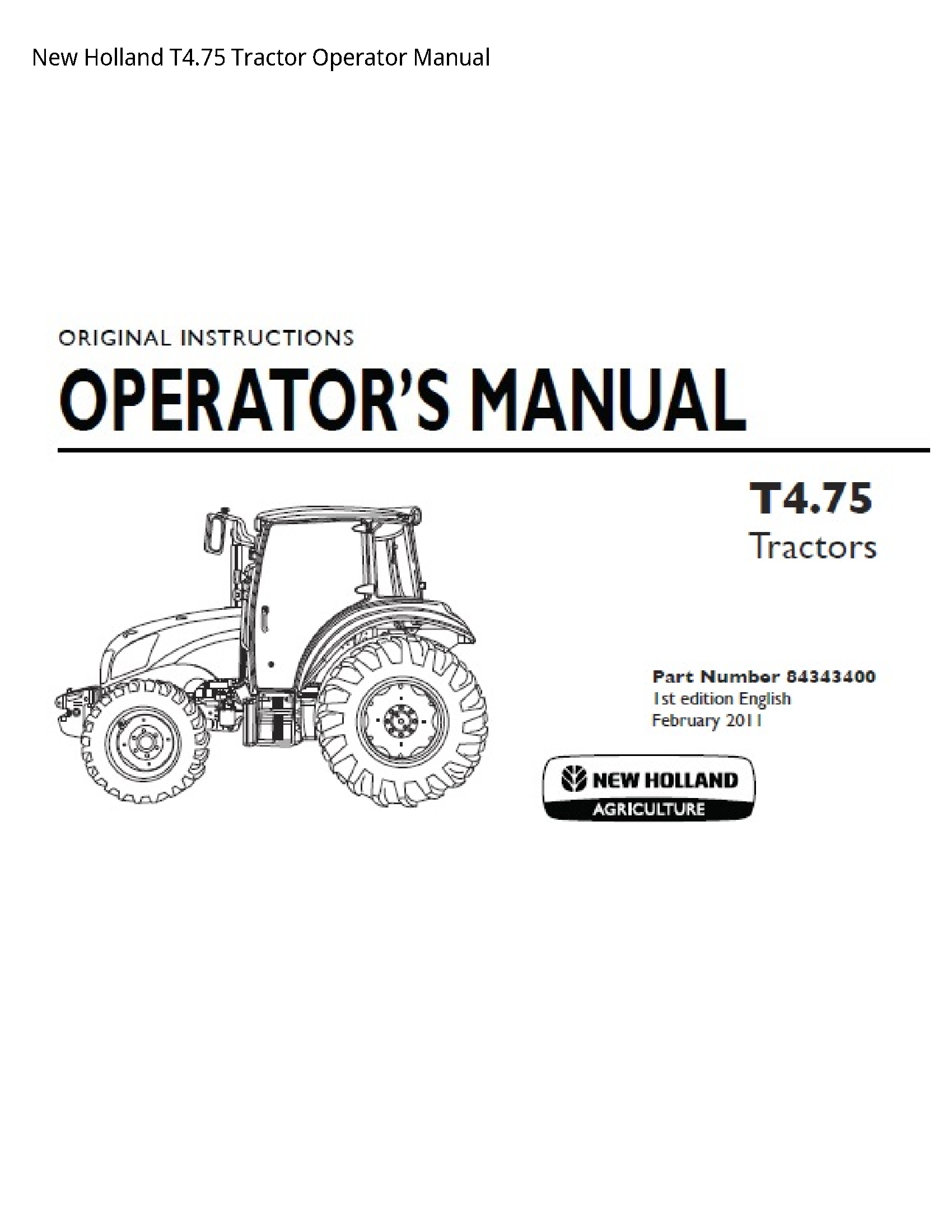 New Holland T4.75 Tractor Operator manual