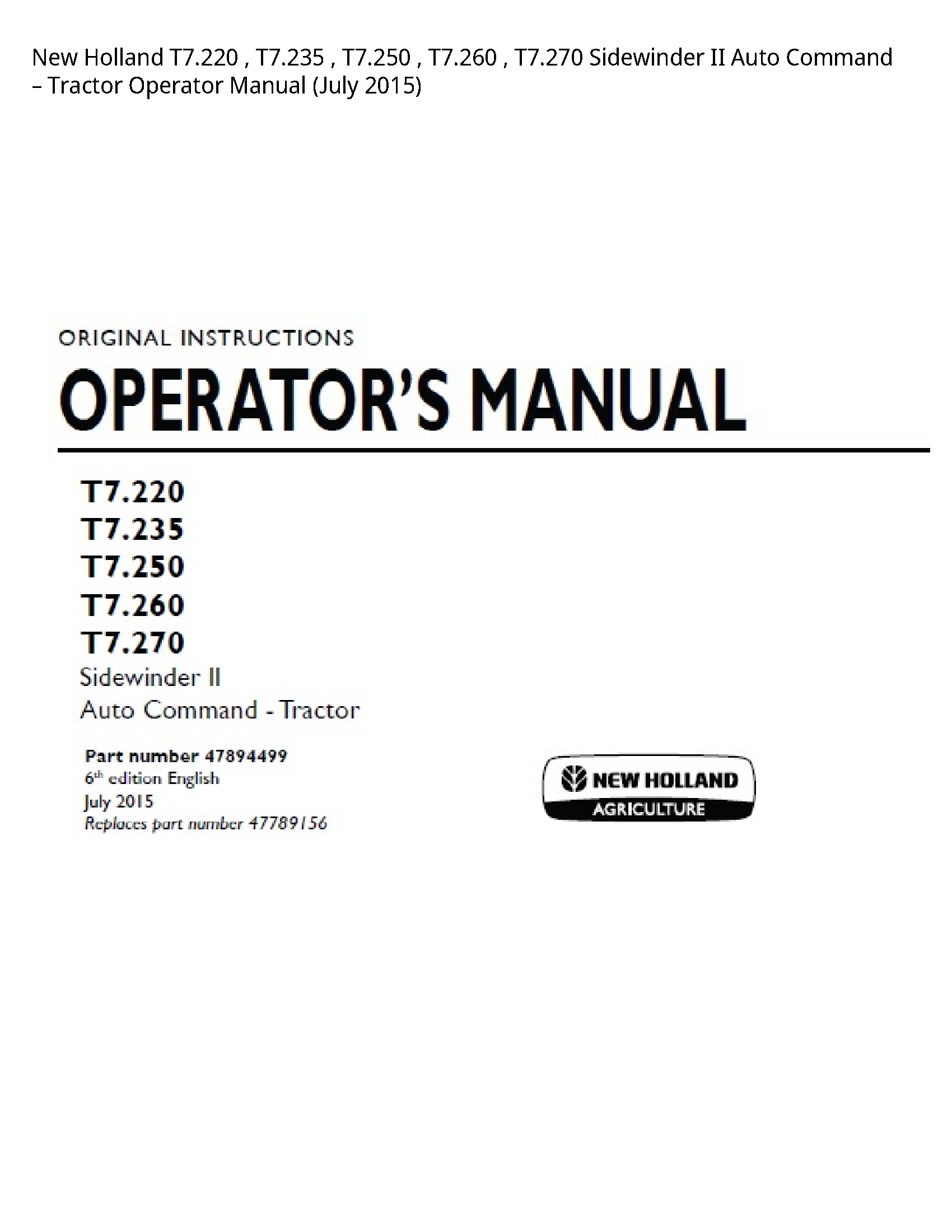 New Holland T7.220 Sidewinder II Auto Command Tractor Operator manual