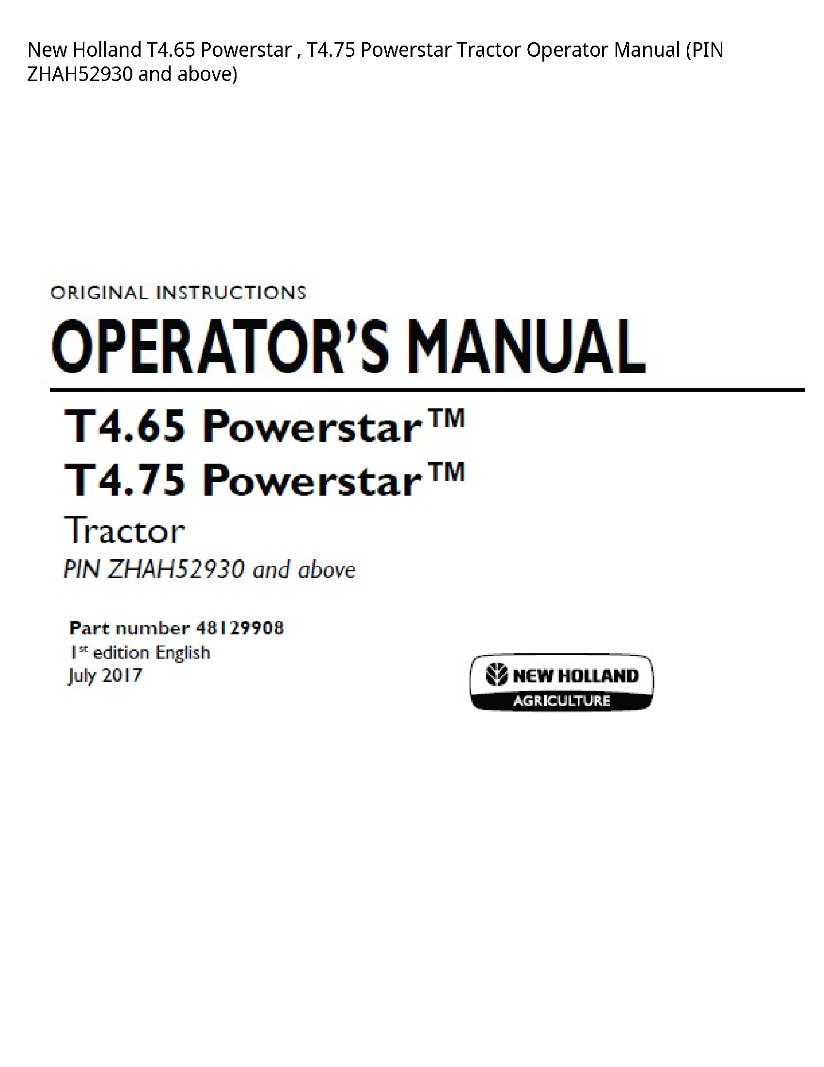 New Holland T4.65 Powerstar Powerstar Tractor Operator manual