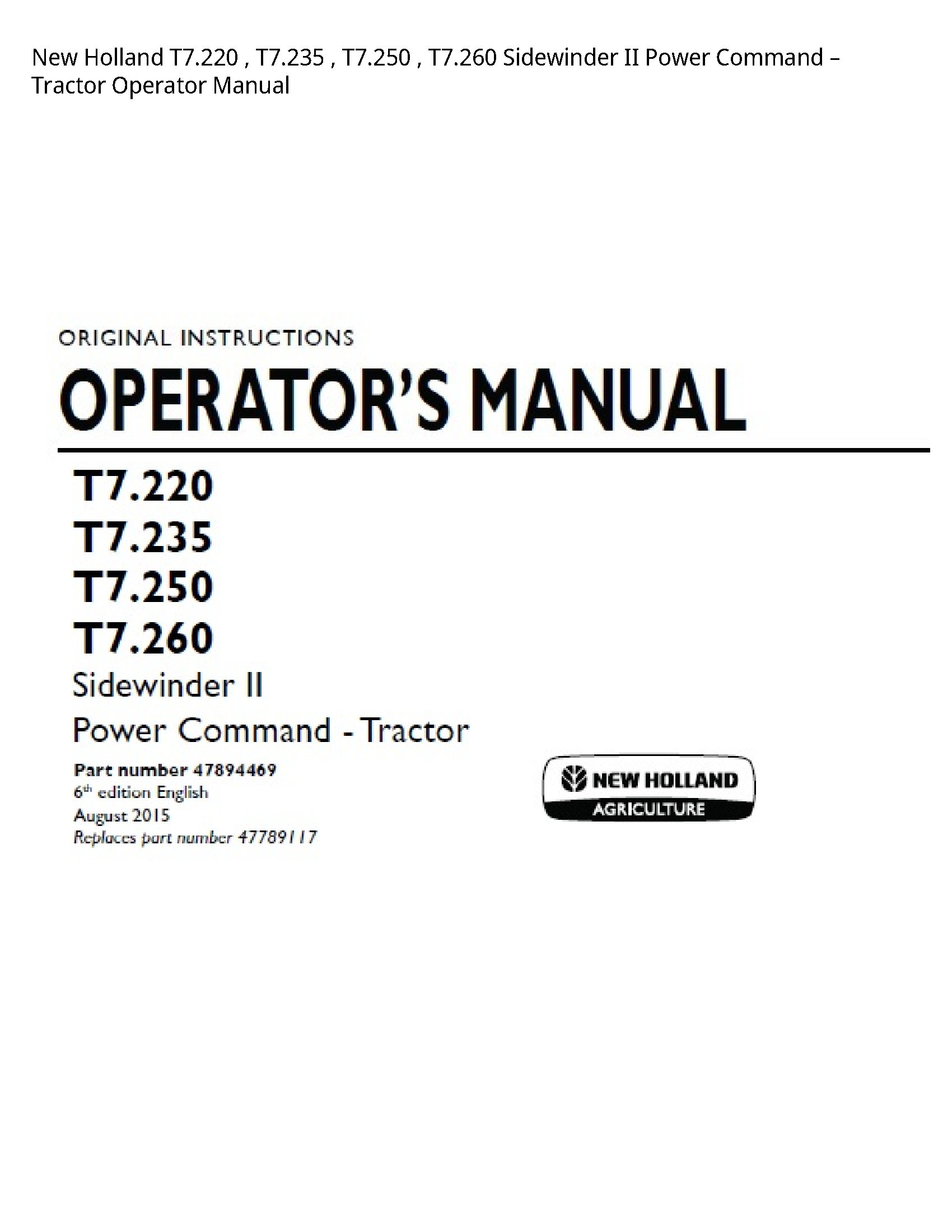 New Holland T7.220 Sidewinder II Power Command Tractor Operator manual