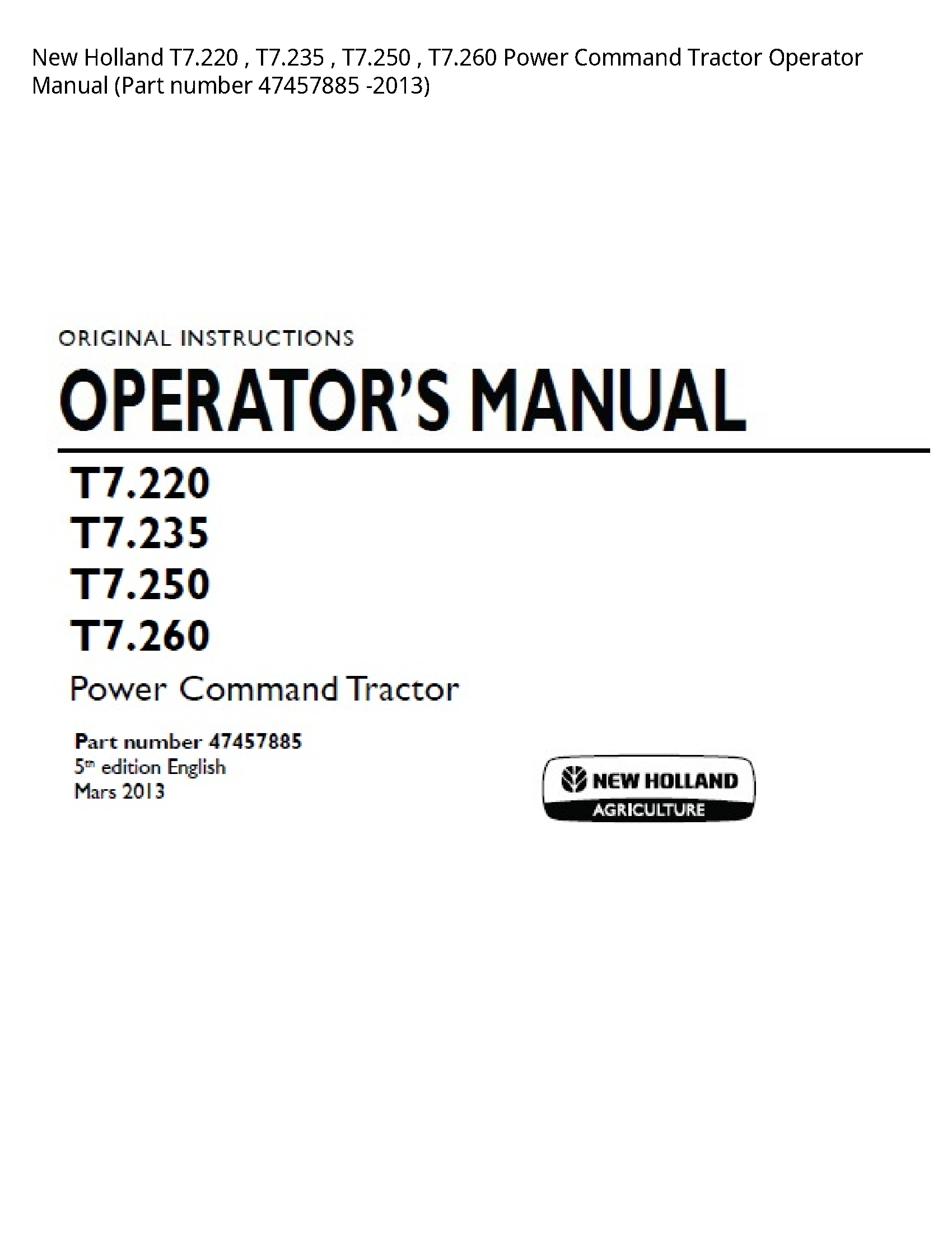 New Holland T7.220 Power Command Tractor Operator manual