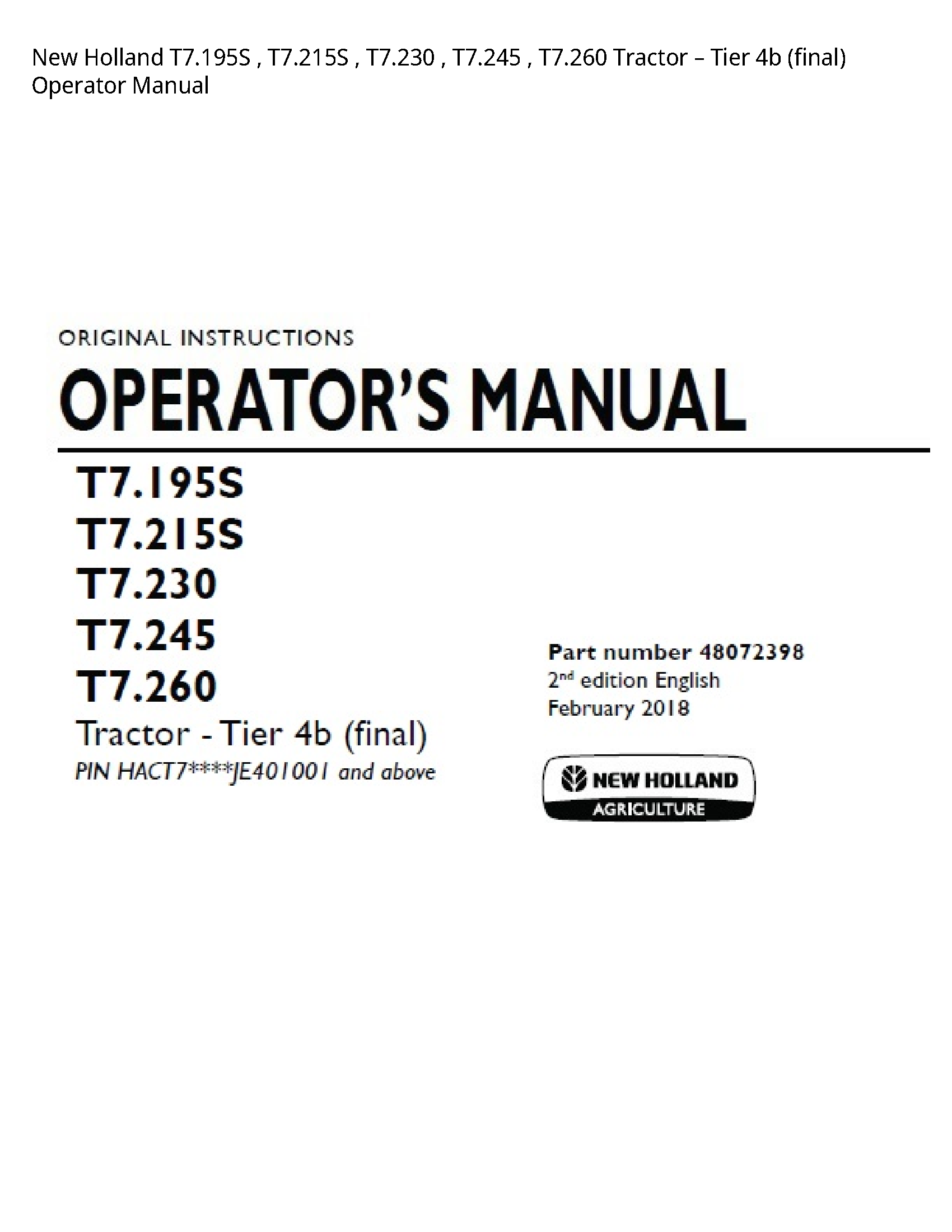 New Holland T7.195S Tractor Tier (final) Operator manual