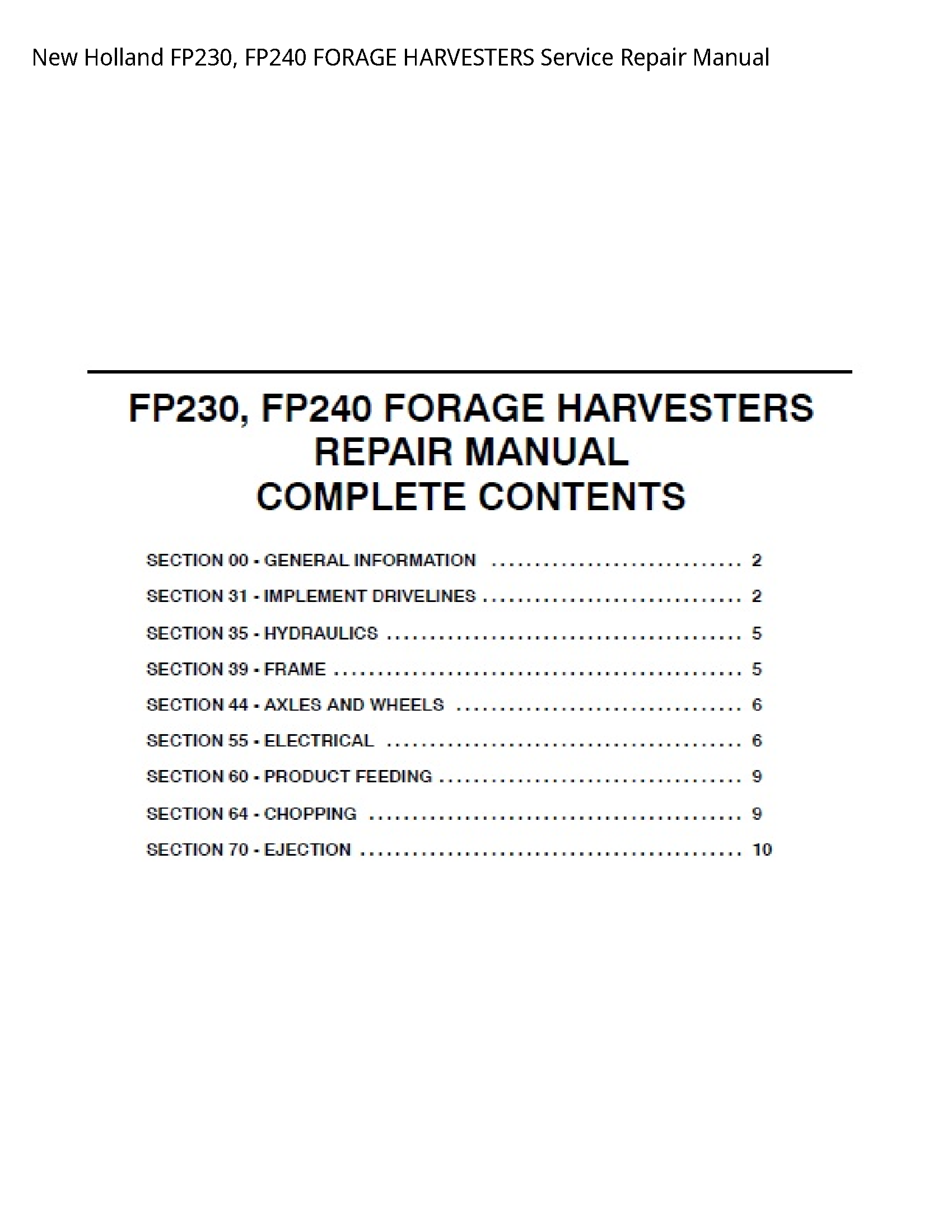 New Holland FP230 FORAGE HARVESTERS manual