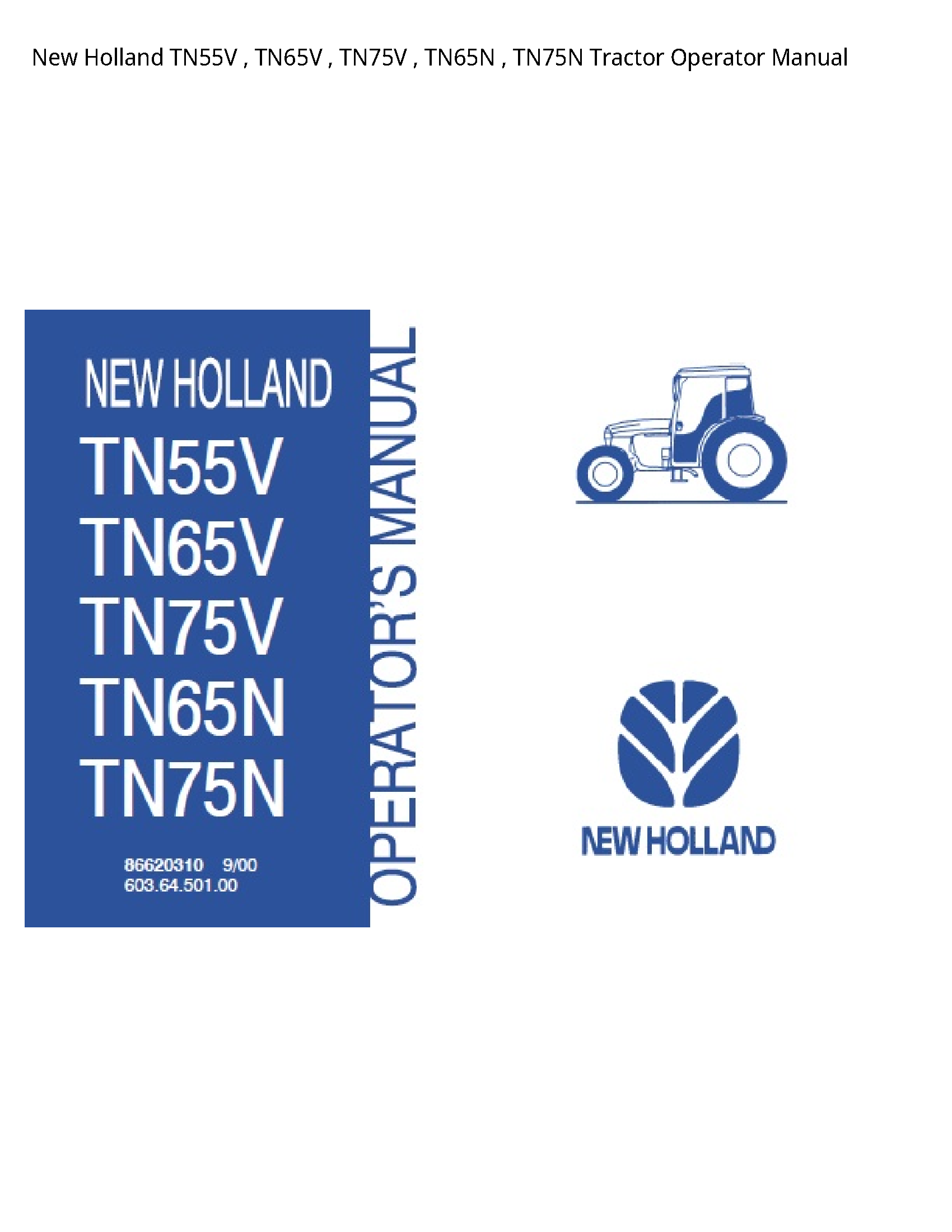 New Holland TN55V Tractor Operator manual