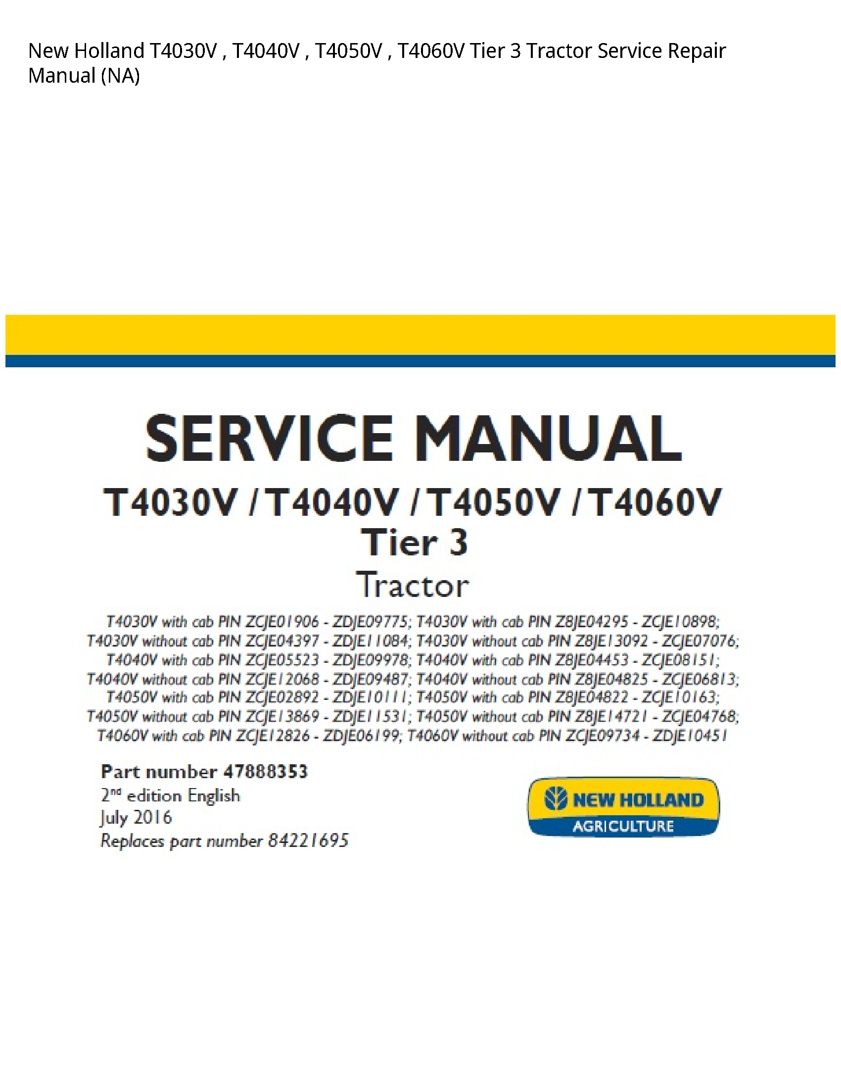New Holland T4030V Tier Tractor manual
