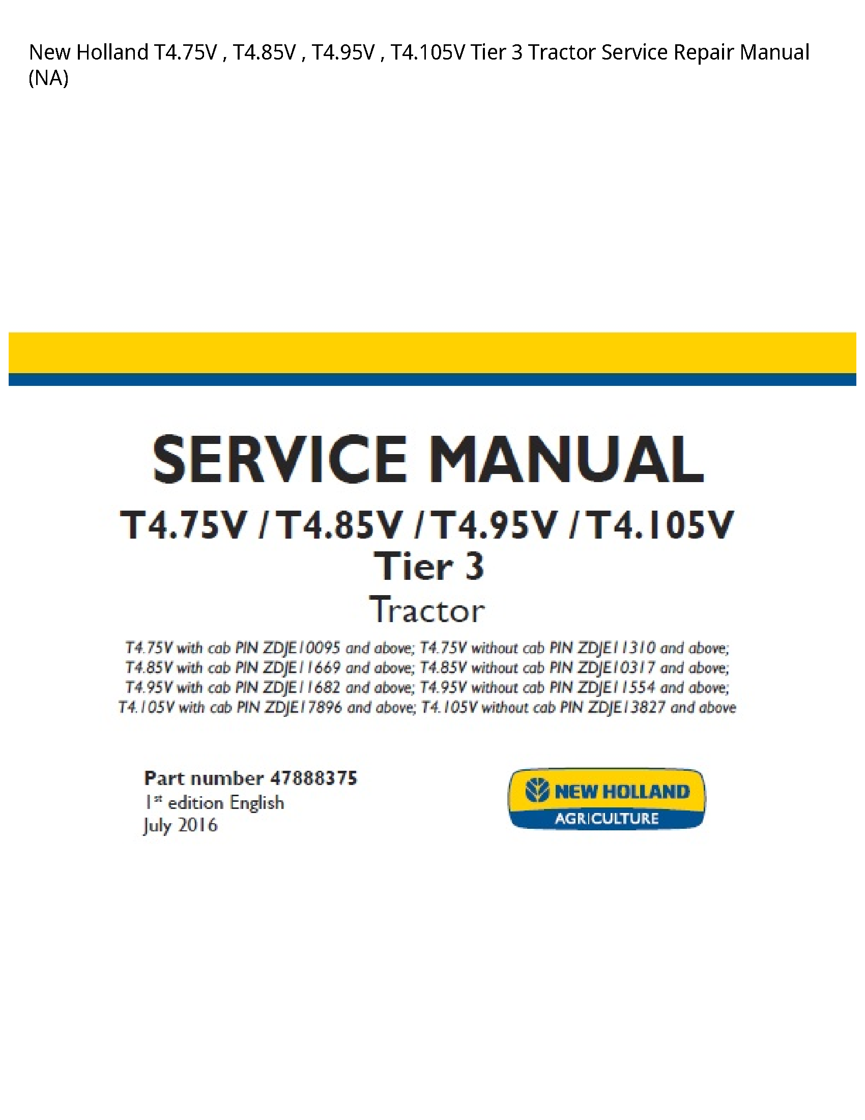 New Holland T4.75V Tier Tractor manual