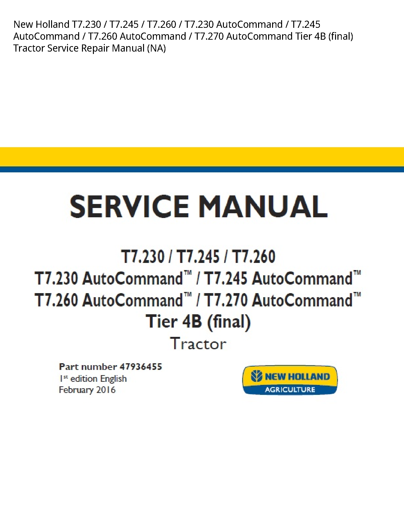 New Holland T7.230 AutoCommand AutoCommand AutoCommand AutoCommand Tier (final) Tractor manual
