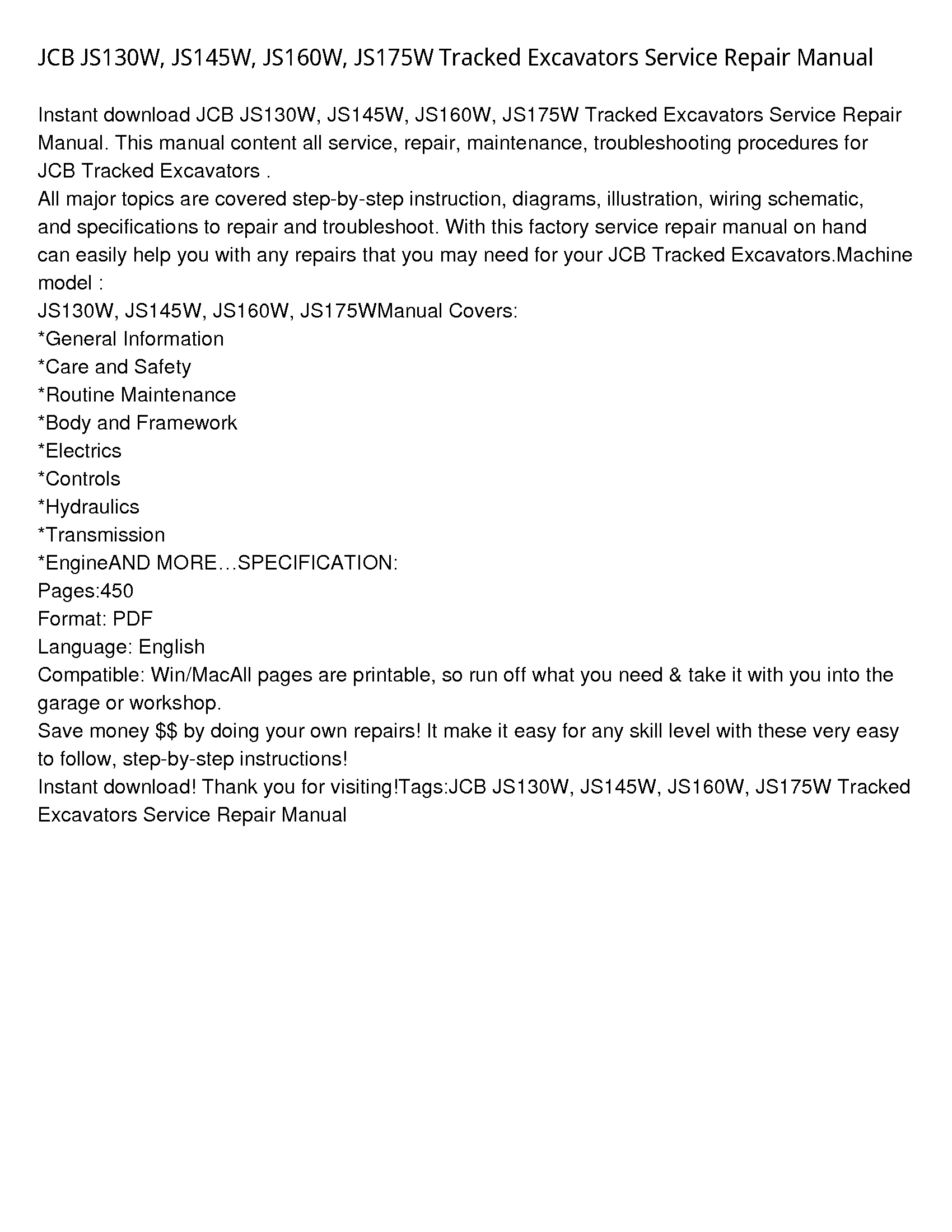 JCB JS130W Tracked Excavators manual