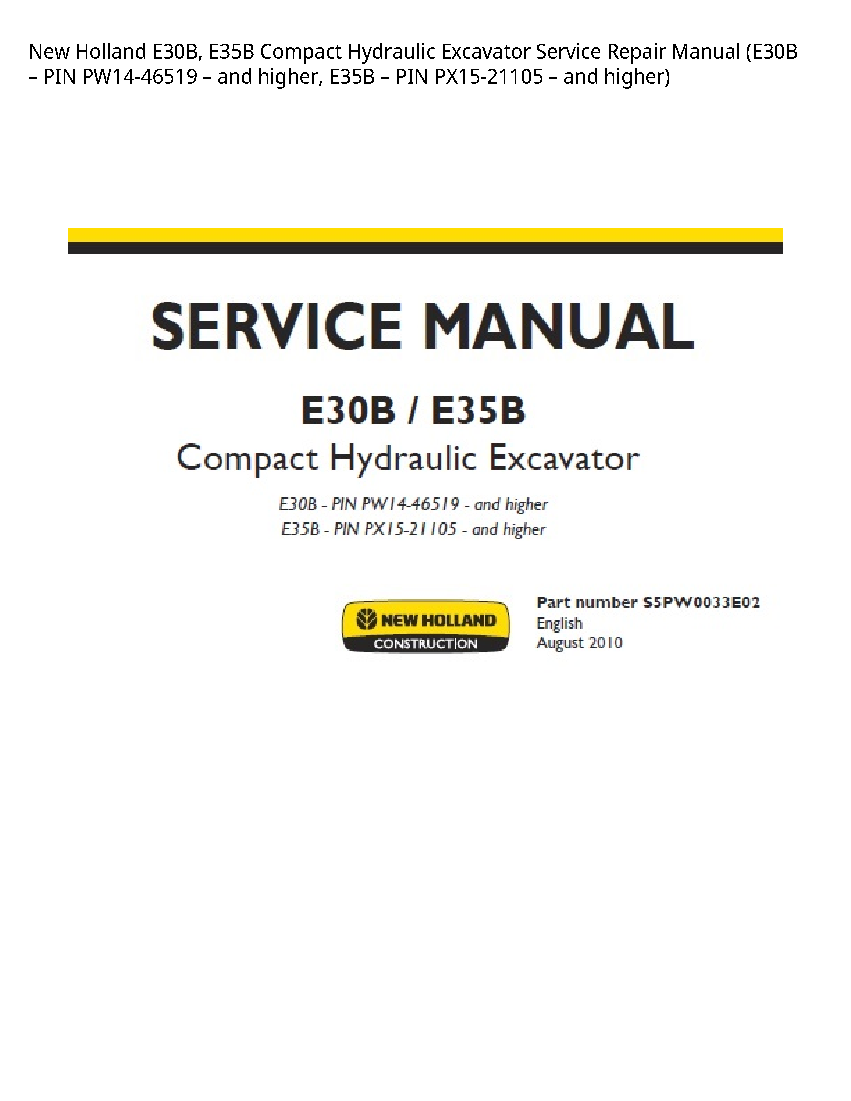 New Holland E30B Compact Hydraulic Excavator manual