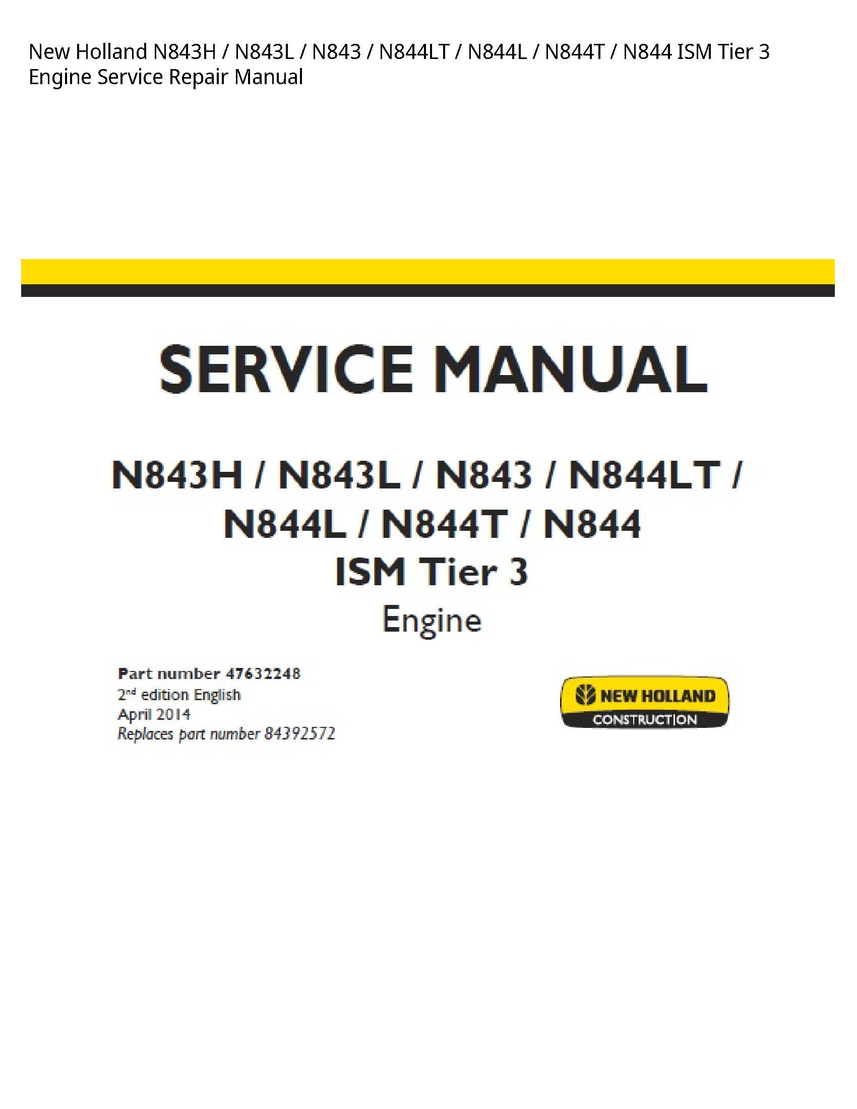 New Holland N843H ISM Tier Engine manual