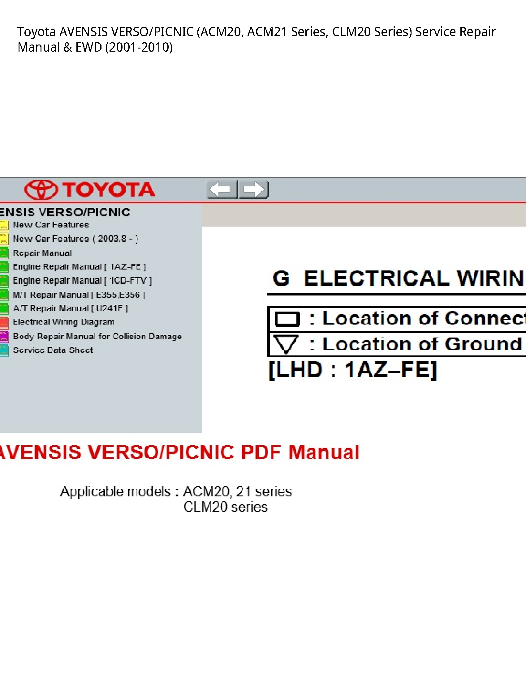Toyota (ACM20 AVENSIS VERSO/PICNIC Series manual
