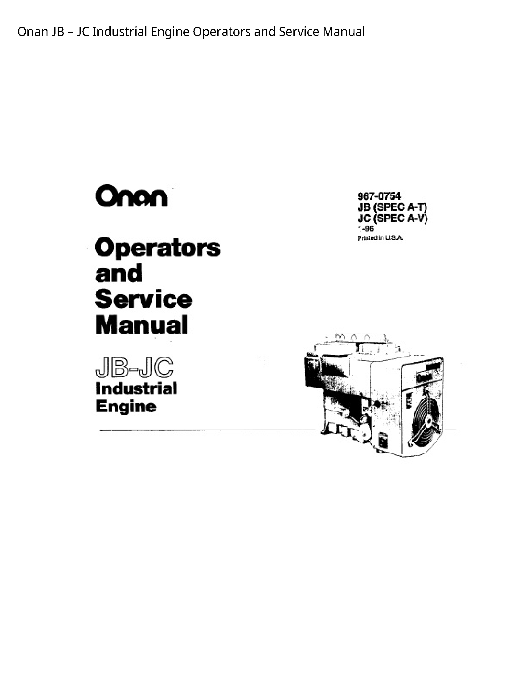 Onan JB JC Industrial Engine Operators  Service manual