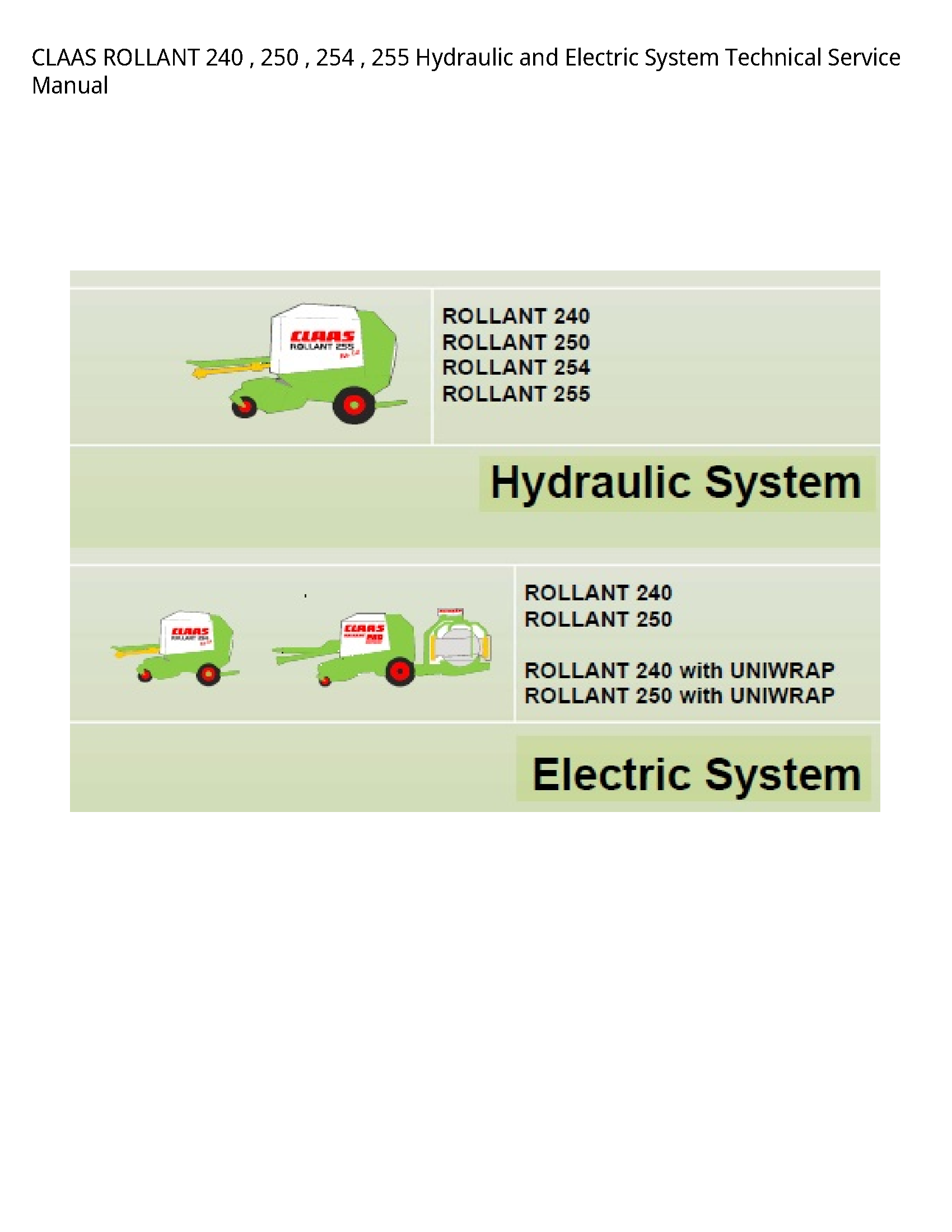 Claas 240 ROLLANT Hydraulic  Electric System Technical Service manual