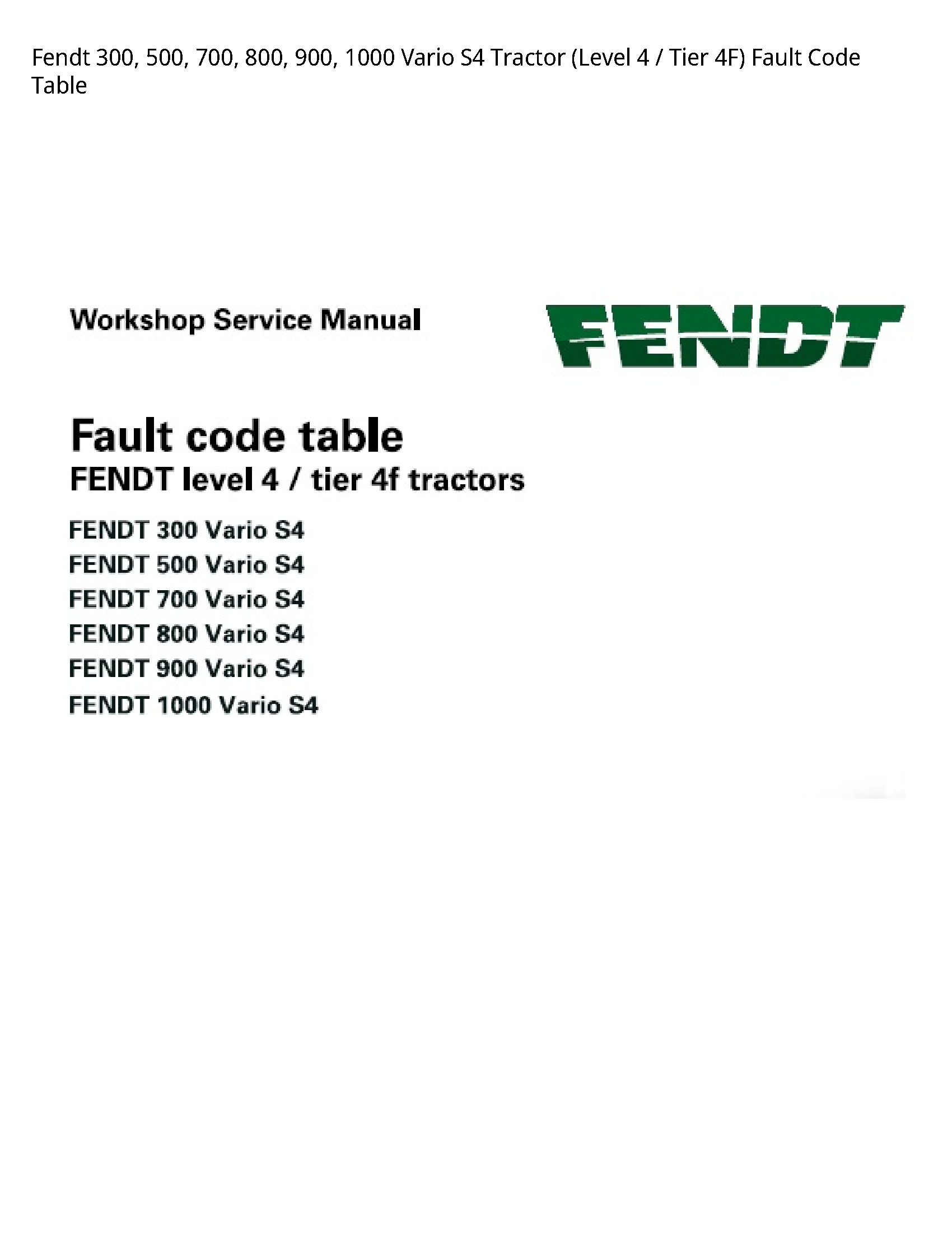 Fendt 300 Vario Tractor (Level Tier Fault Code Table manual