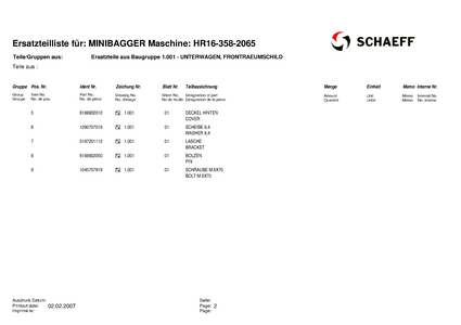 Terex HR16-358-2065 Schaeff Mini Excavator Parts Catalog manual