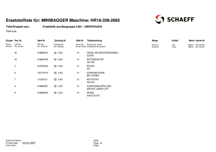 Terex HR16-358-2065 Schaeff Mini Excavator Parts Catalog manual